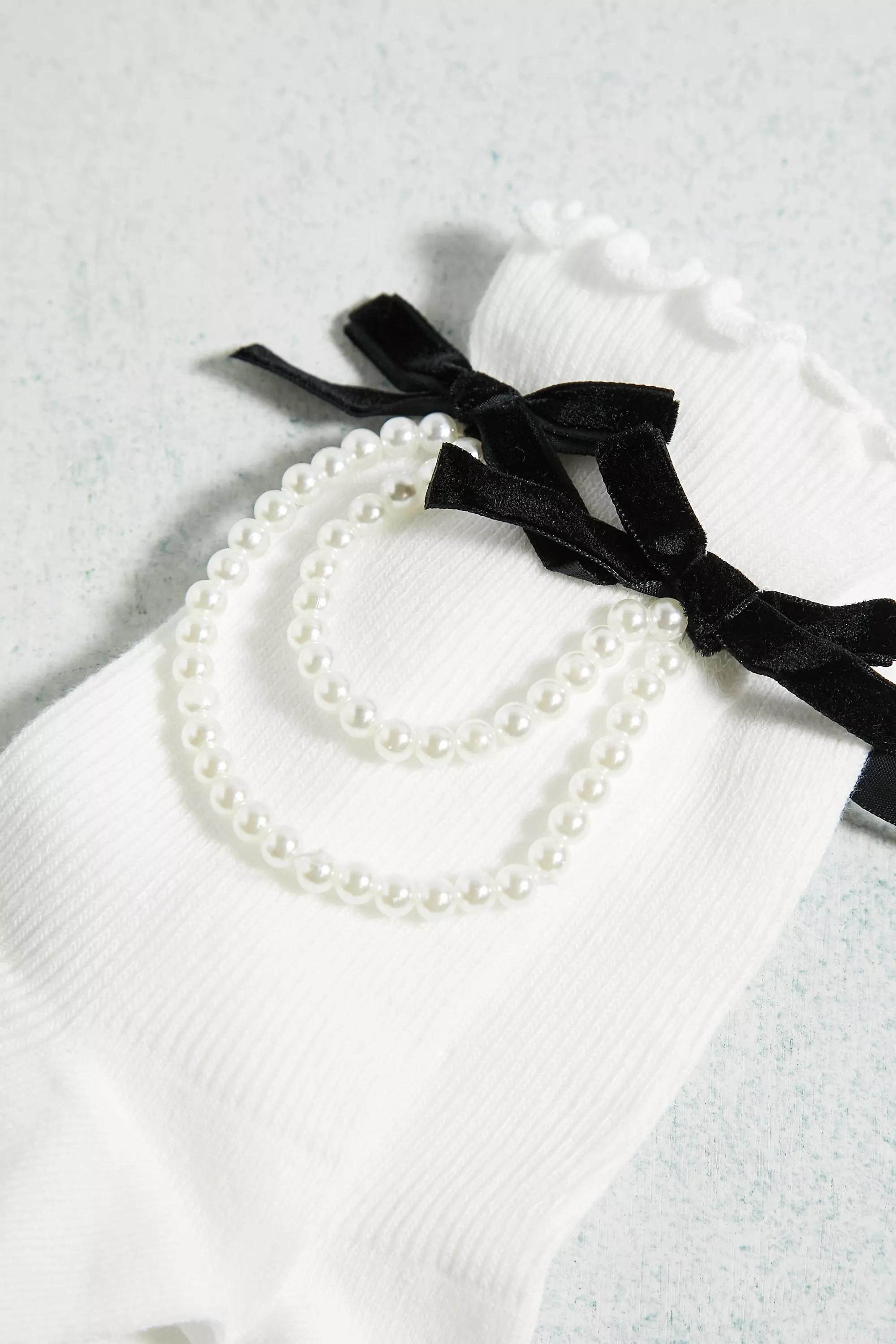 White Lettuce Edge Pearl Chain Socks, , large image number 2
