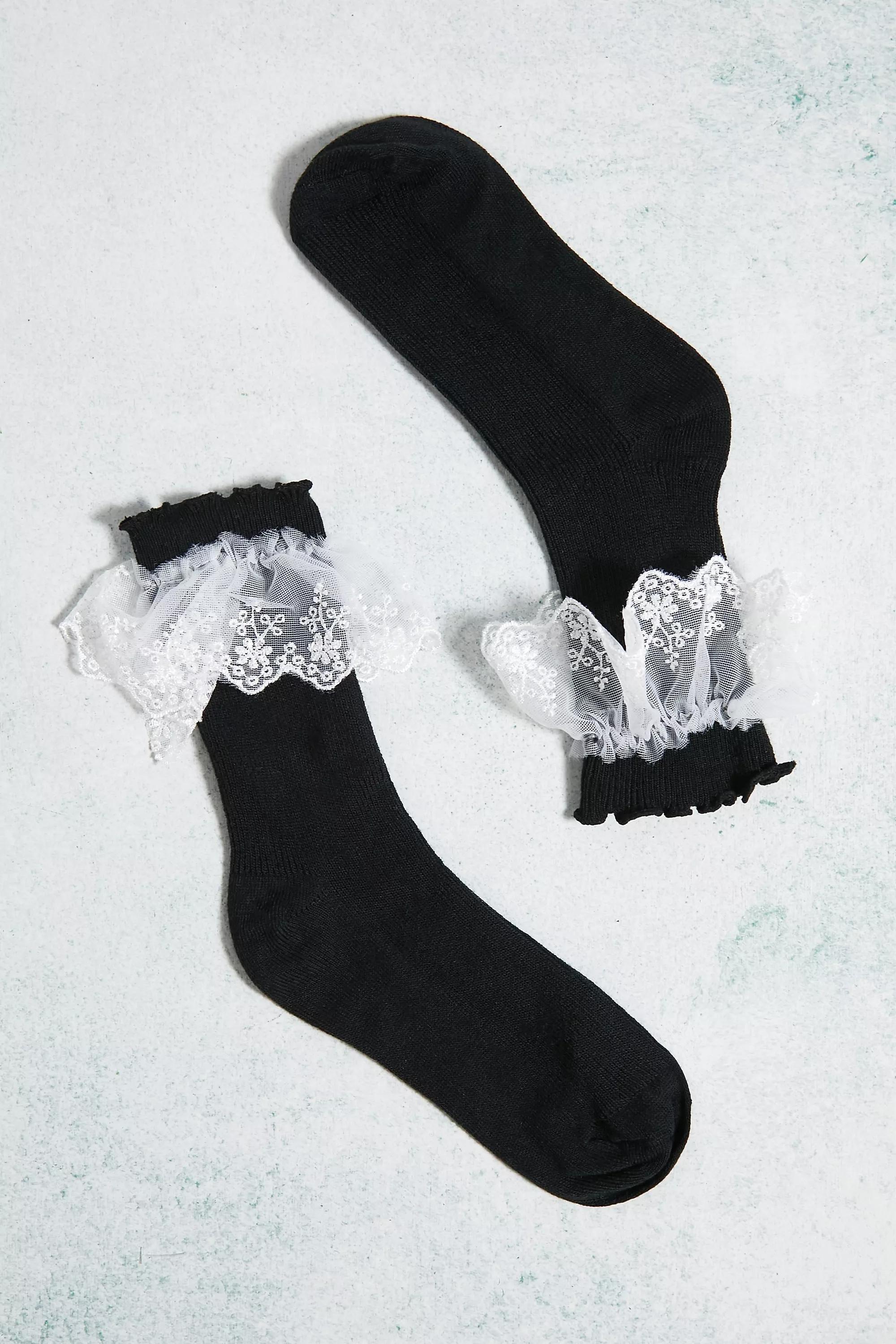 Black Broderie Frill Trim Ankle Socks, , large image number 0