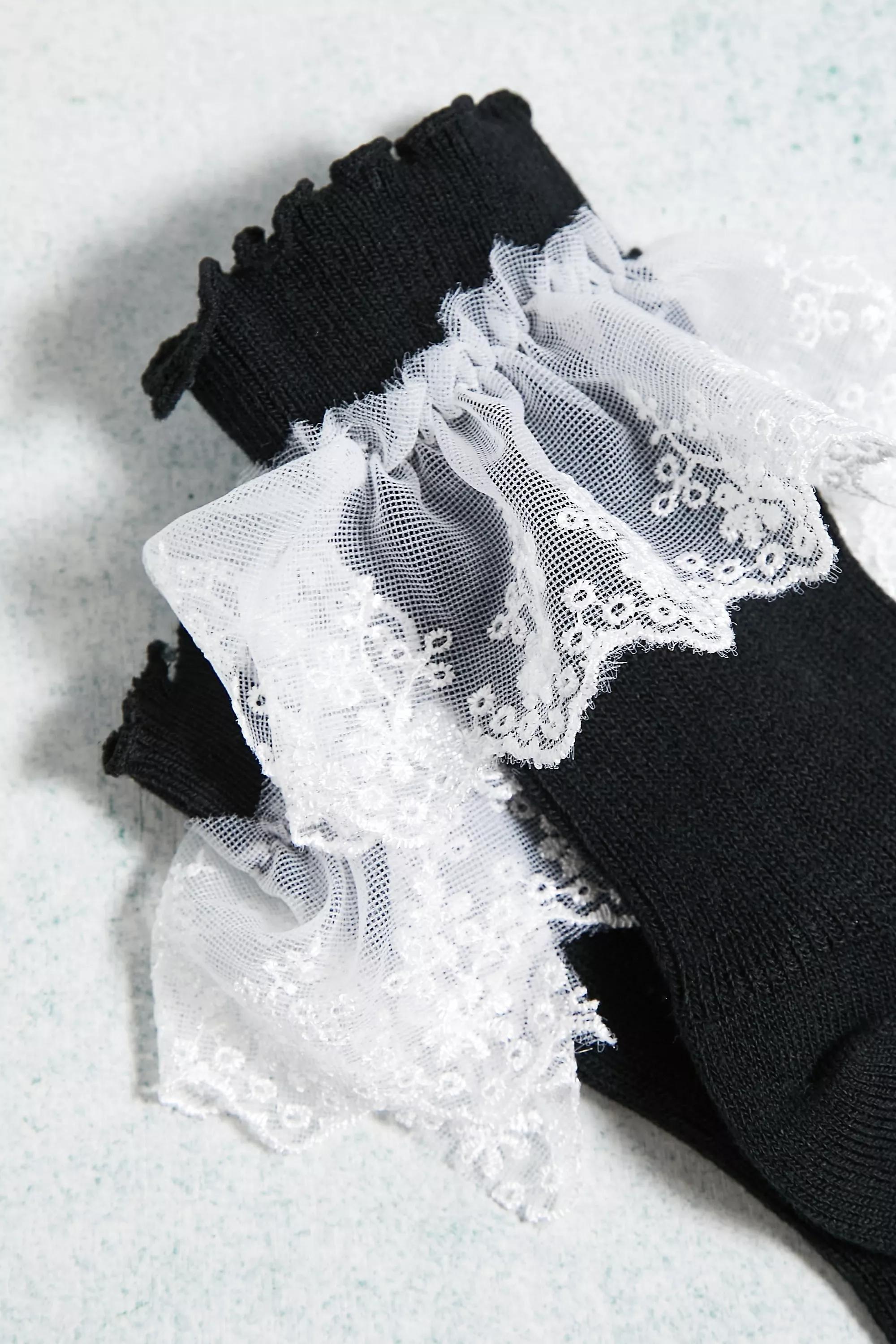 Black Broderie Frill Trim Ankle Socks, , large image number 2