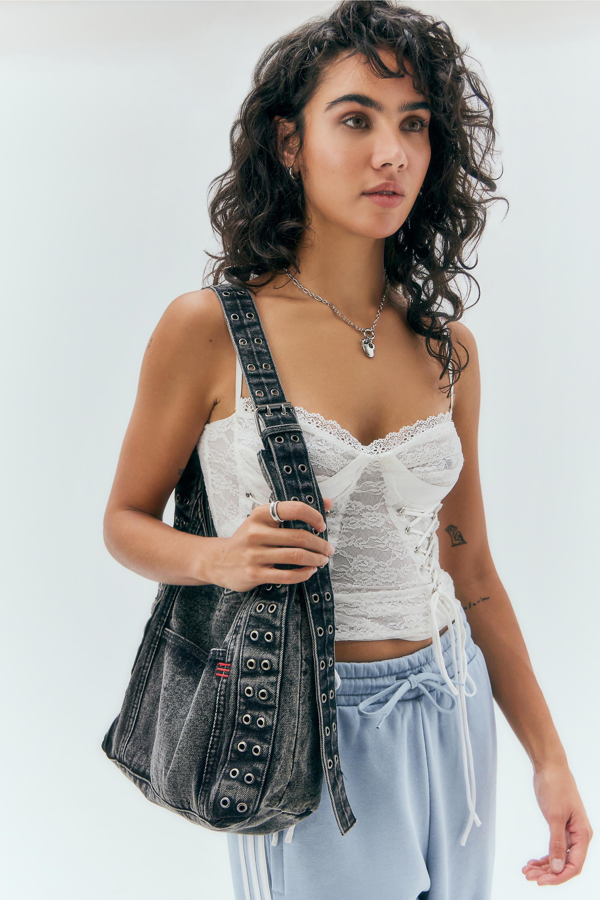 Black Bdg Denim Eyelet Trapeze Shoulder Bag, BLK, large image number 0