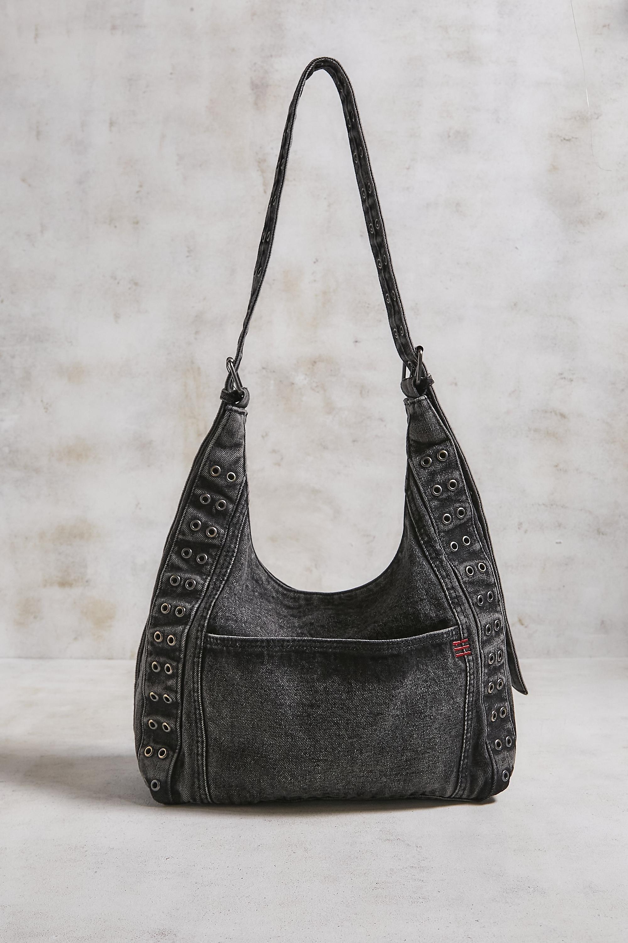 Black Bdg Denim Eyelet Trapeze Shoulder Bag, BLK, large image number 1