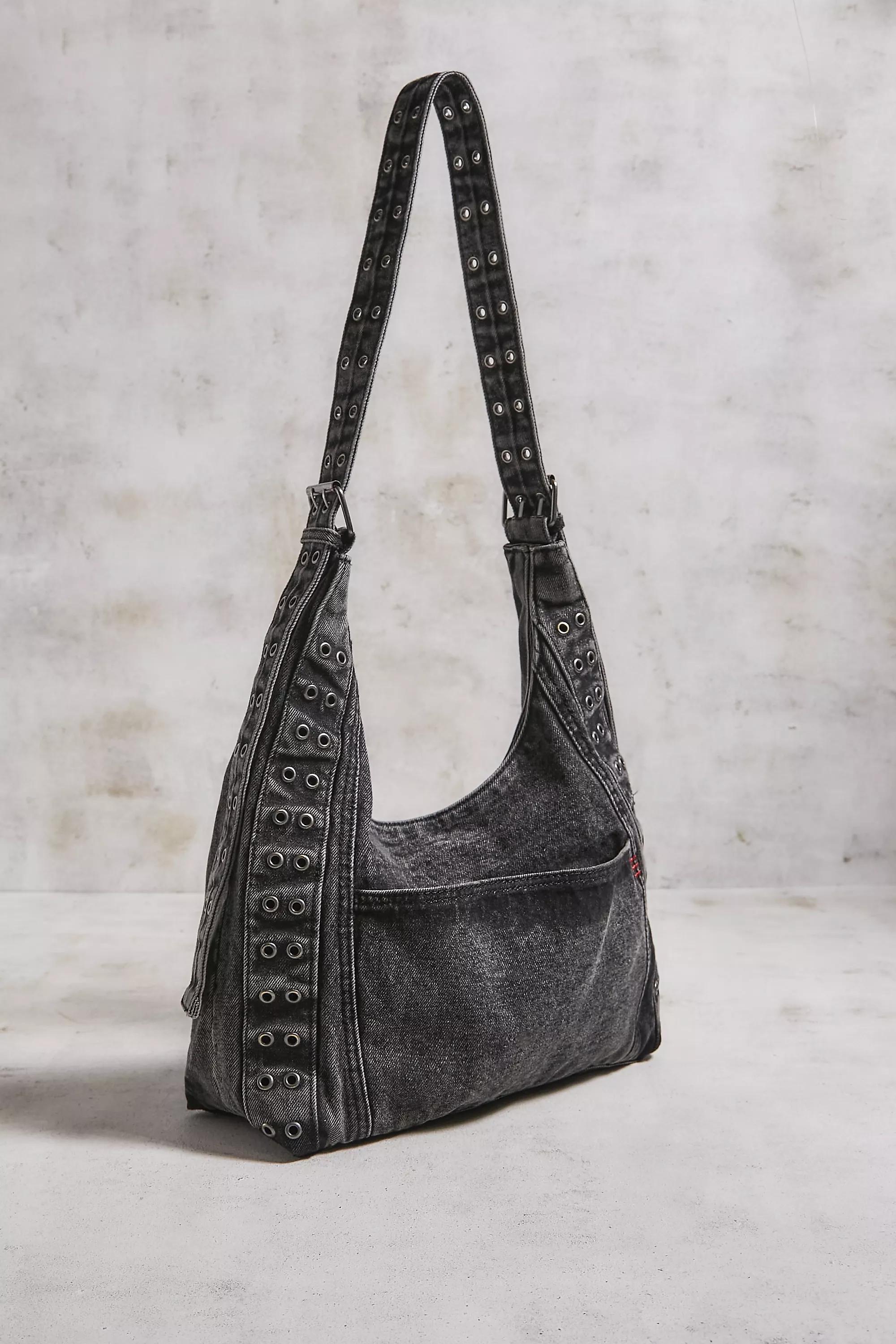 Black Bdg Denim Eyelet Trapeze Shoulder Bag, BLK, large image number 2