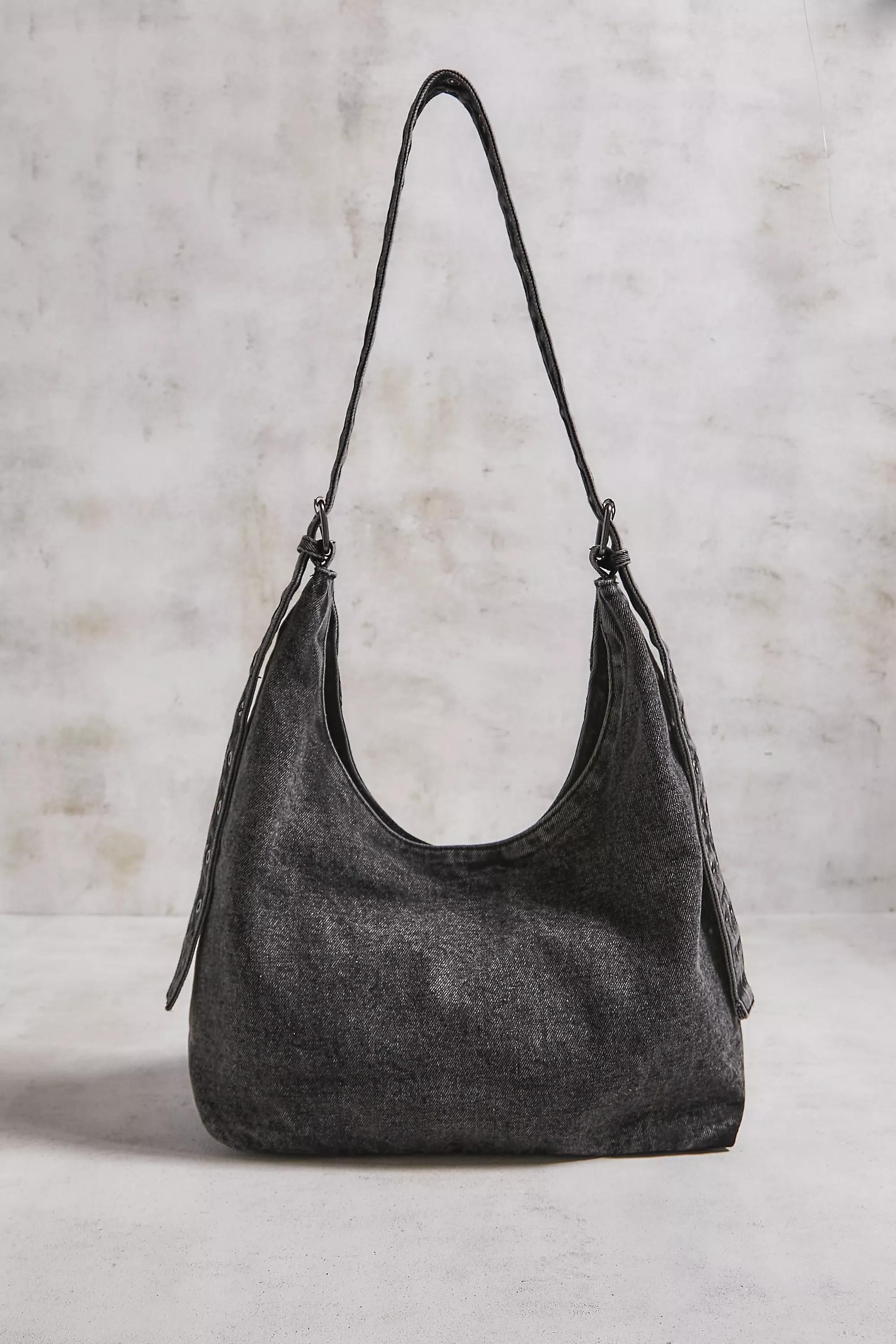 Black Bdg Denim Eyelet Trapeze Shoulder Bag, BLK, large image number 3