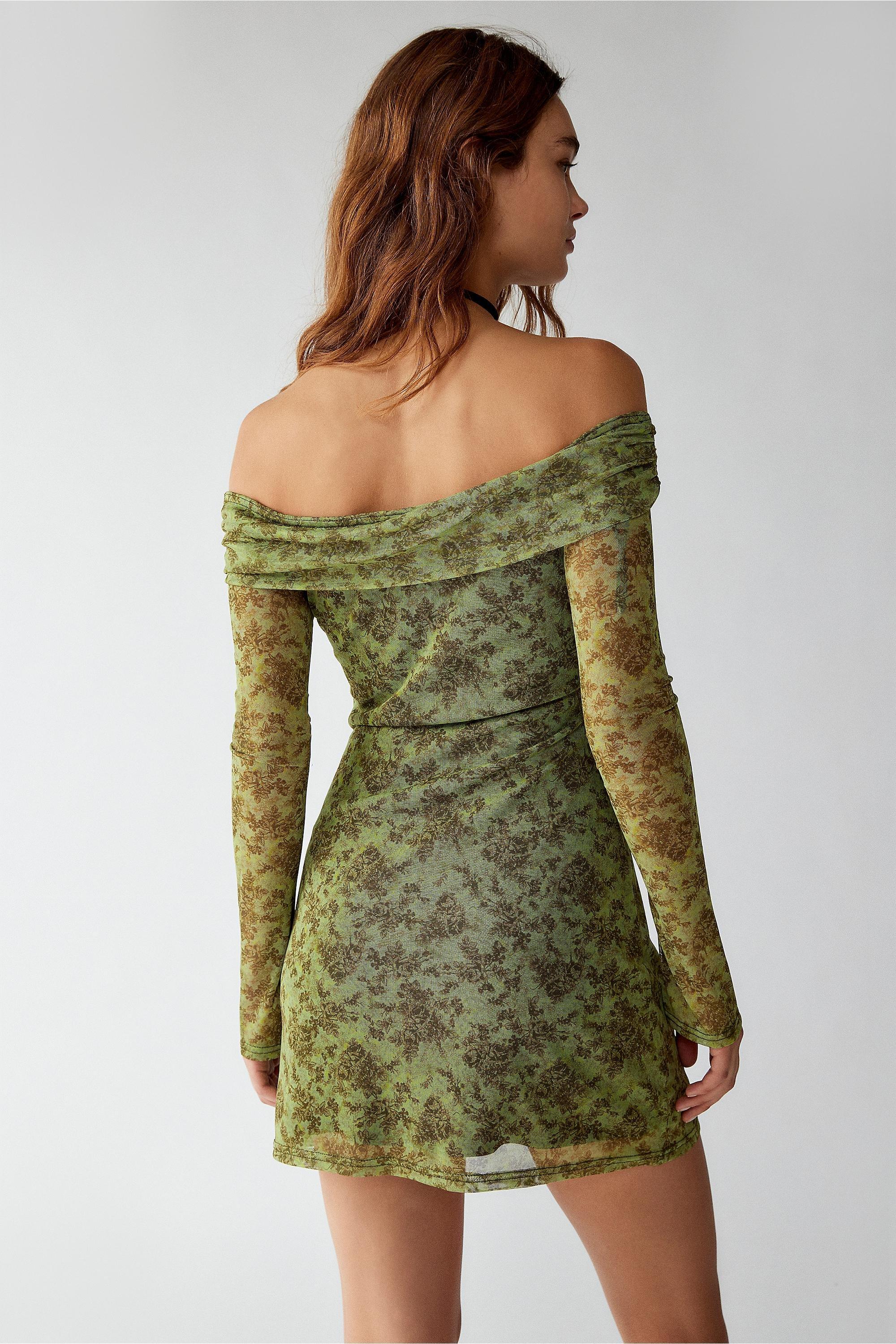 Urban Outfitters - Green Floral Off-The-Shoulder Mini Dress