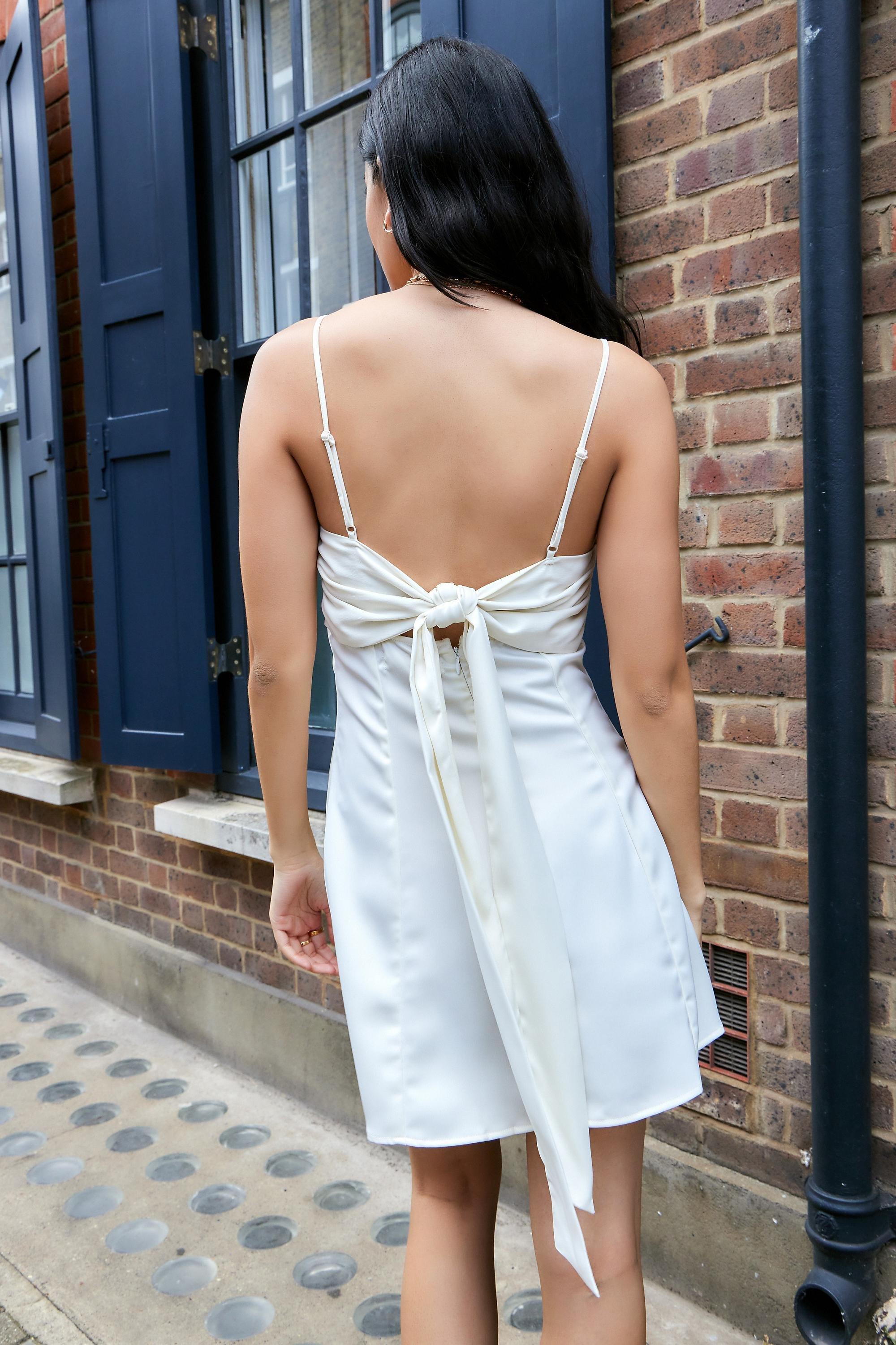 White Uo Bella Bow-Back Satin Mini Dress, , large image number 3