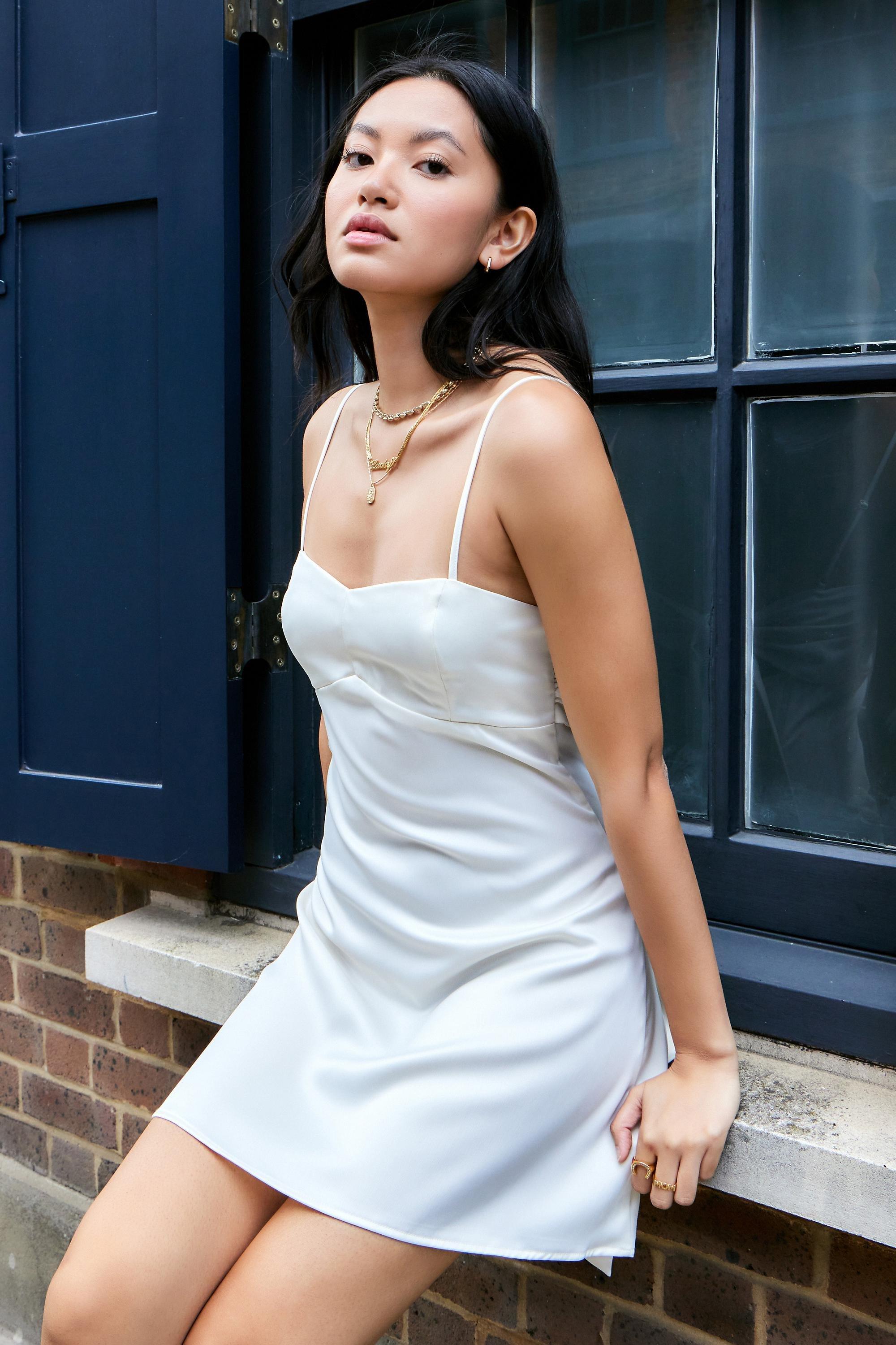 White Uo Bella Bow-Back Satin Mini Dress, , large image number 4