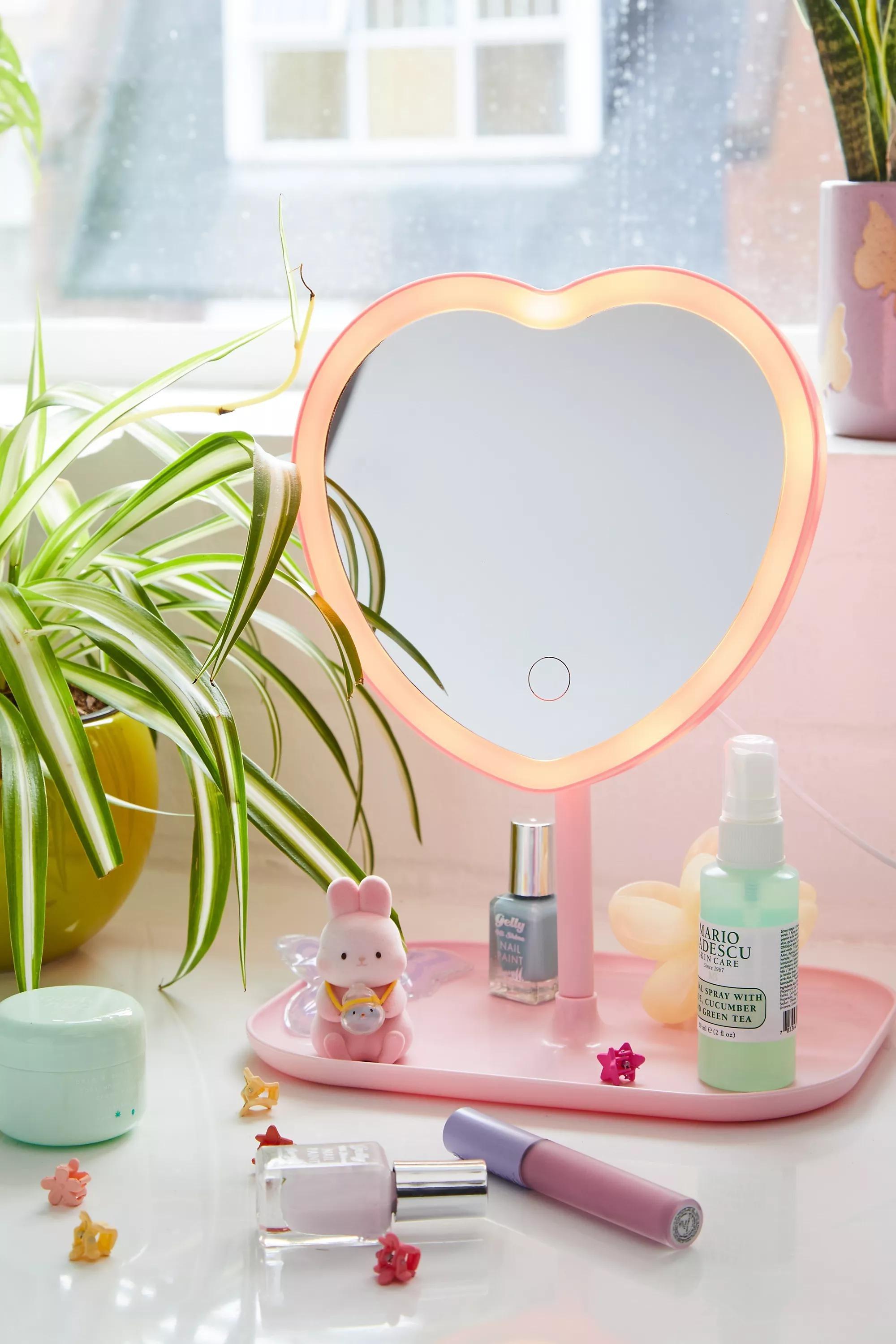 Pink Uo Heart Led Makeup Vanity Mirror, PINK, large image number 0