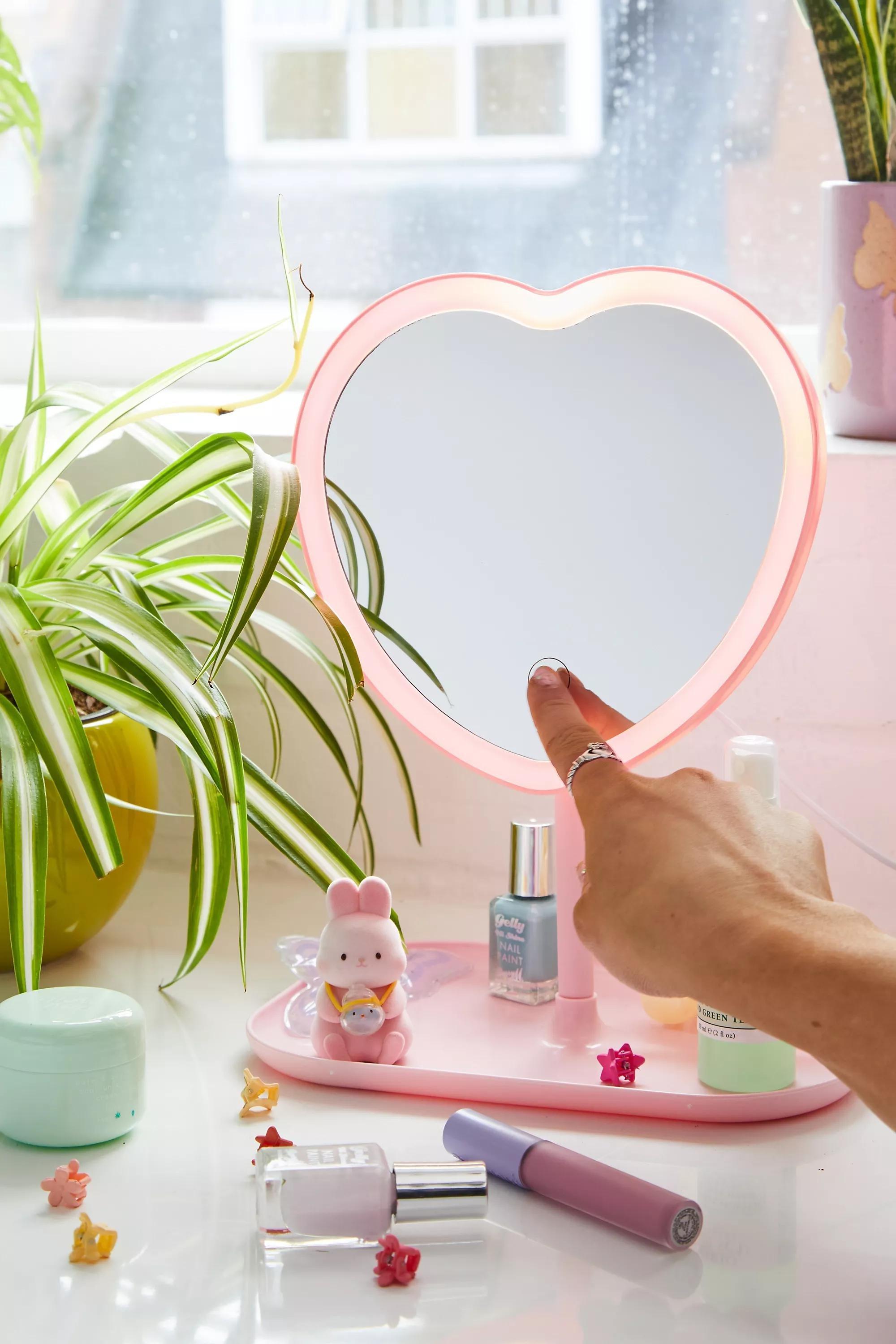 Pink Uo Heart Led Makeup Vanity Mirror, PINK, large image number 1