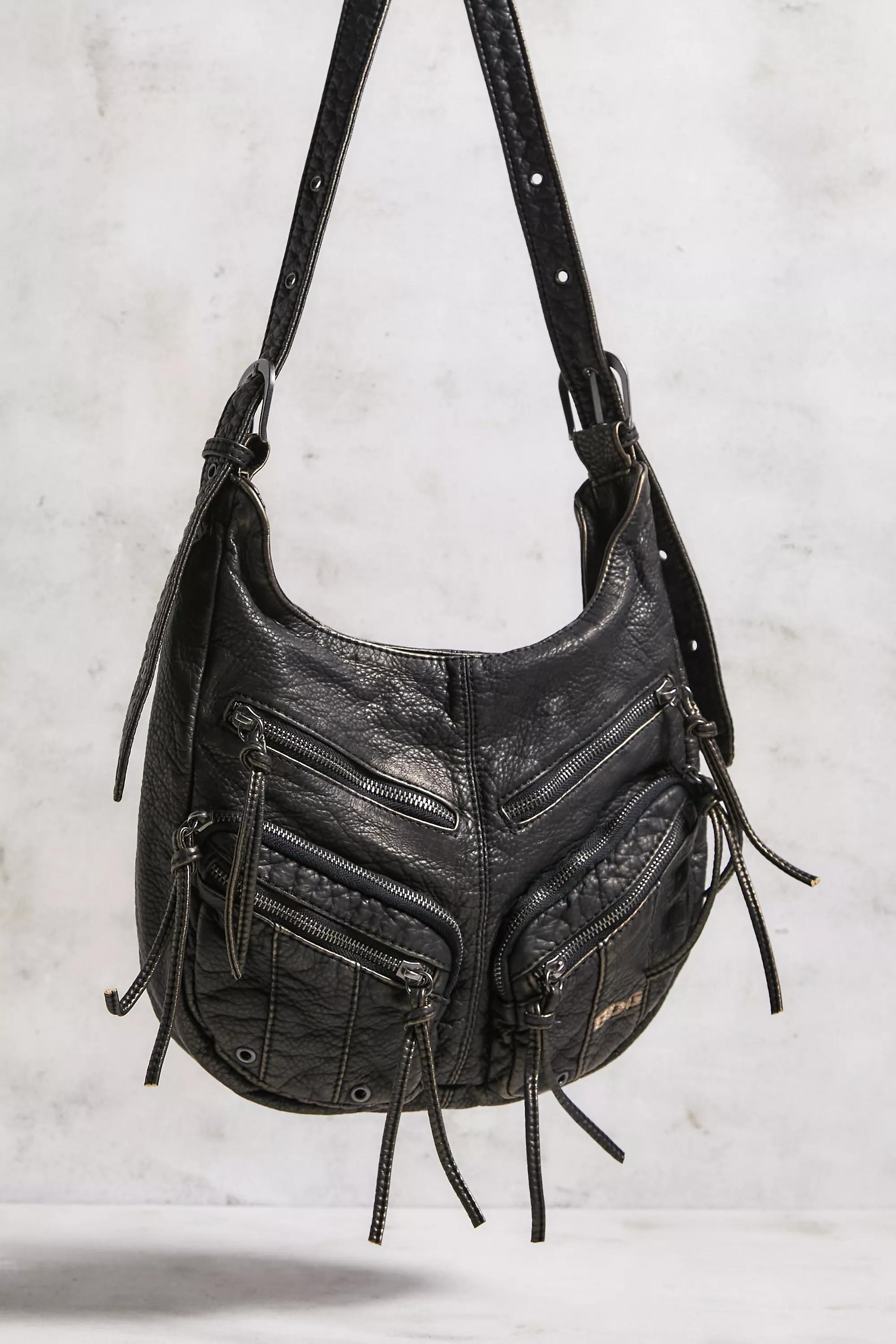Black Faux Leather Utility Slouch Bag, BLK, large image number 1