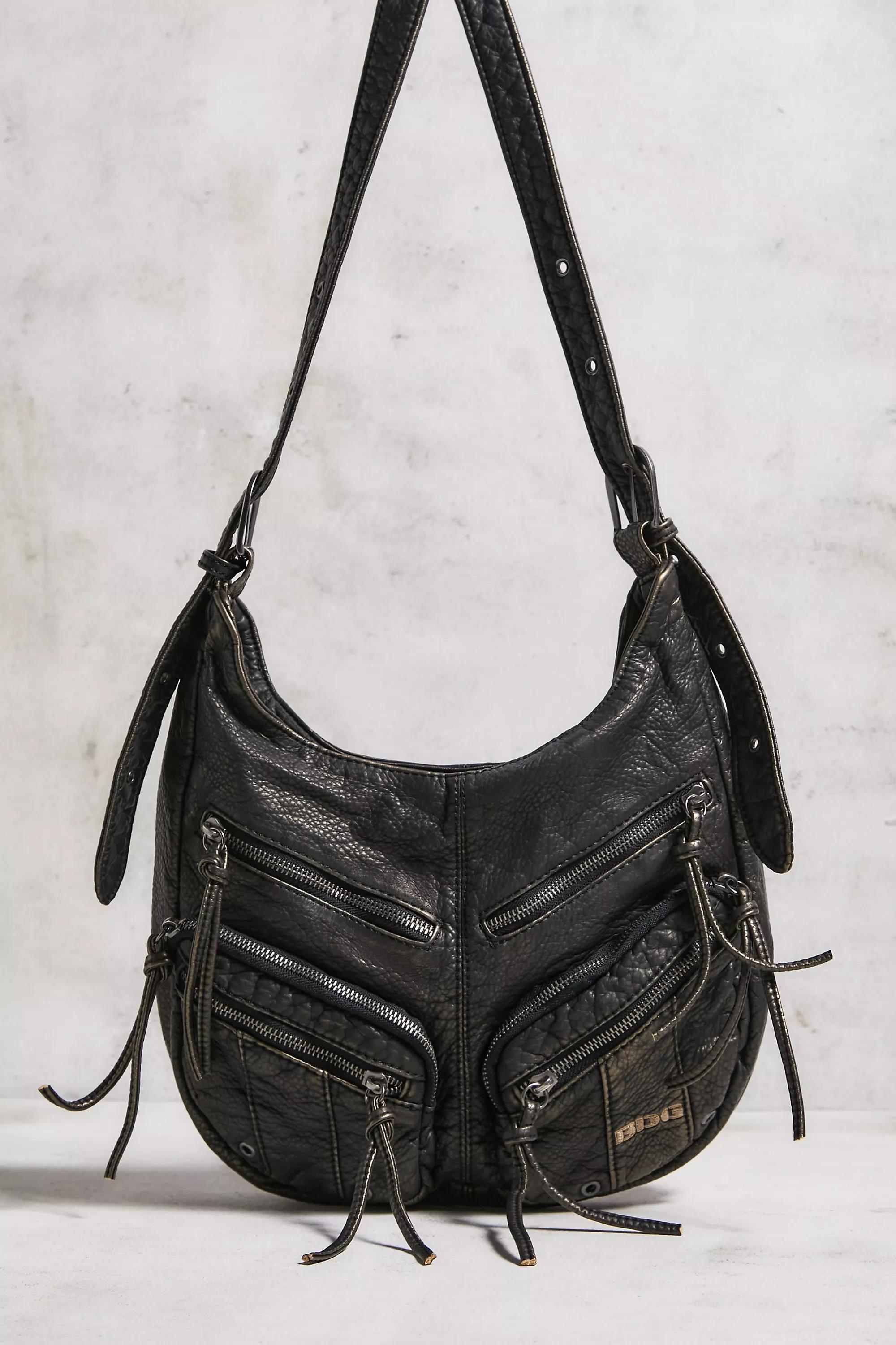 Black Faux Leather Utility Slouch Bag, BLK, large image number 2