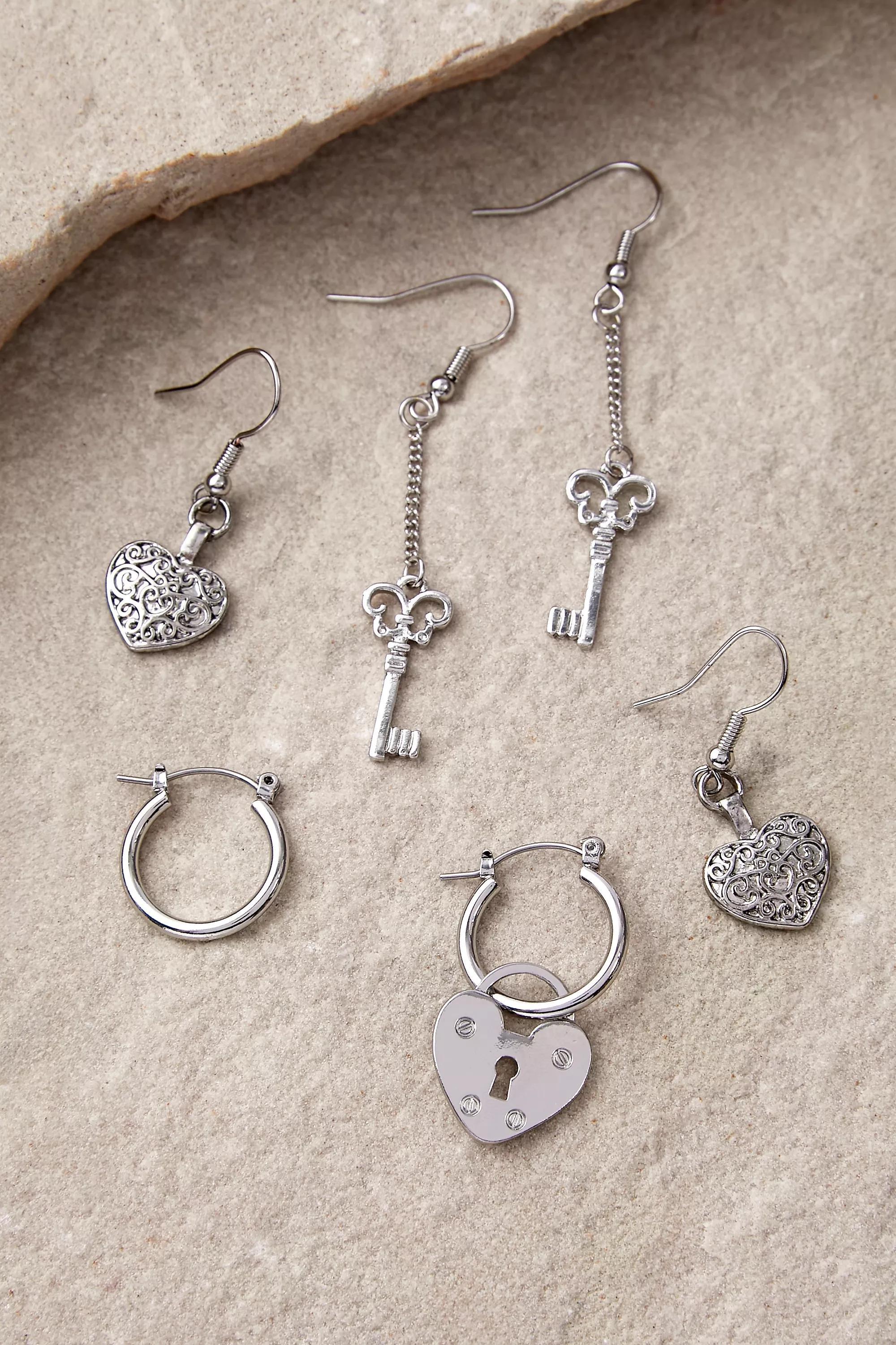 Silver Heart & Padlock Earring , Set Of 6, SLVR, large image number 0