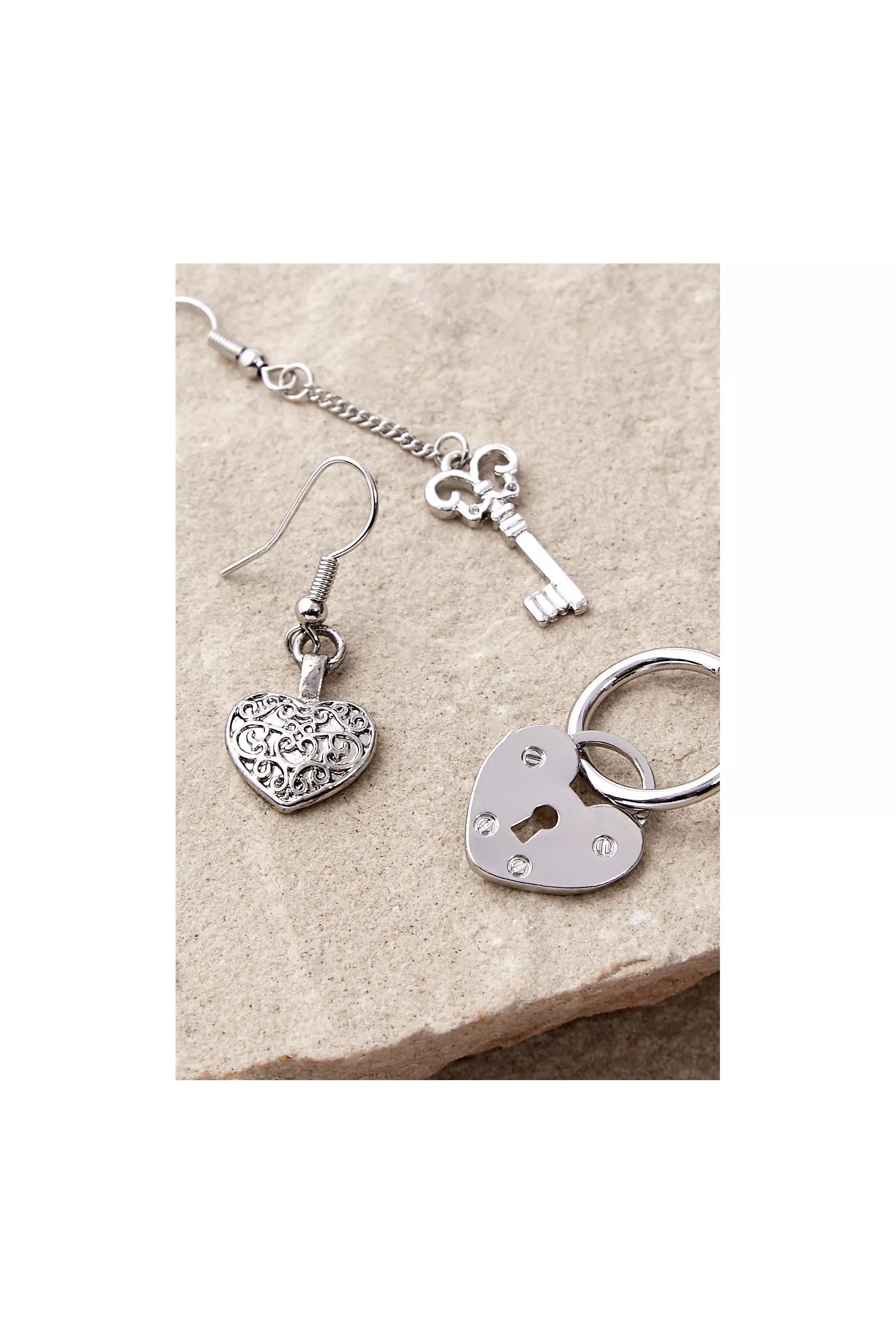 Silver Heart & Padlock Earring , Set Of 6, SLVR, large image number 1