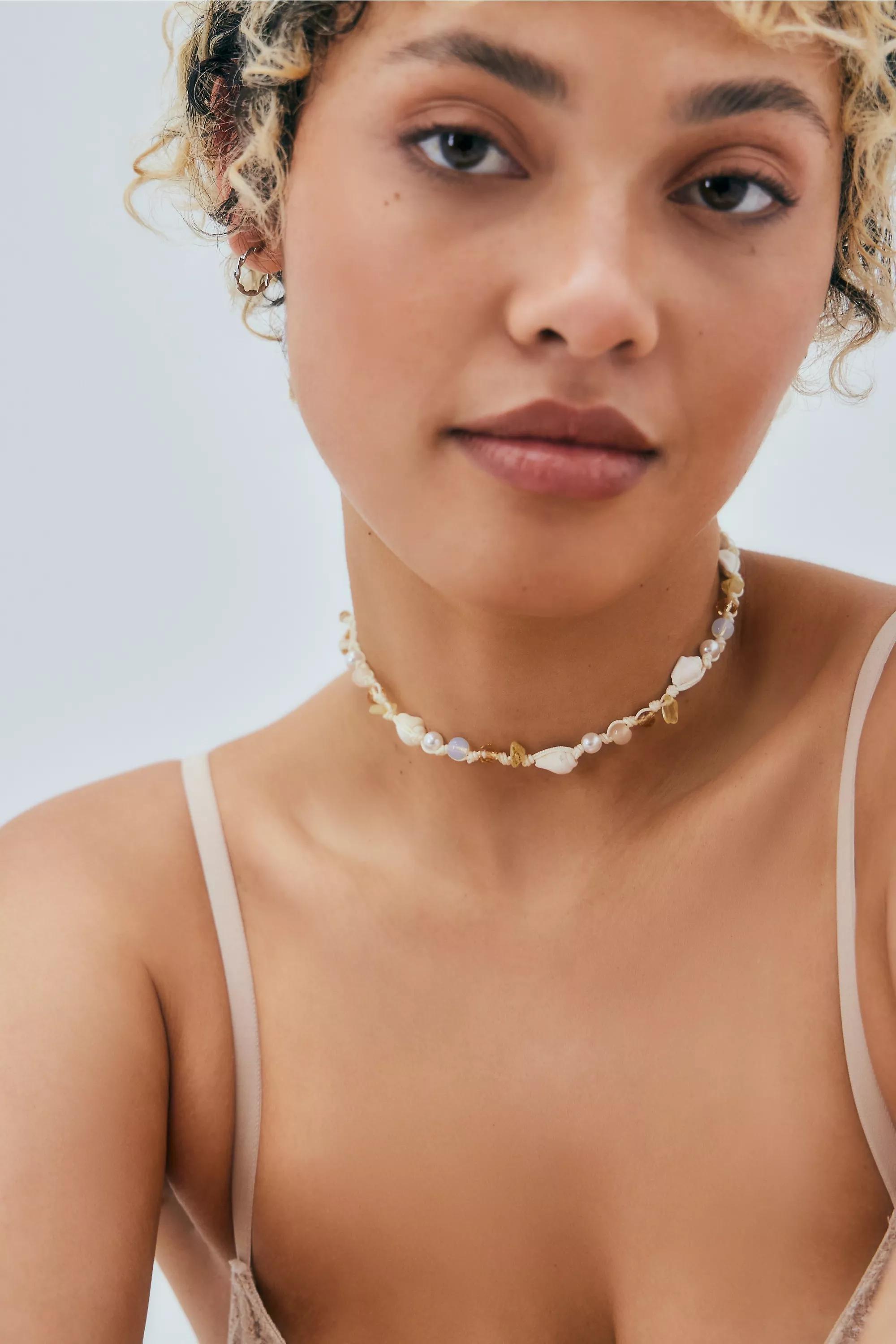 Cream Shell Beaded Choker Necklace, PEARL, large image number 0