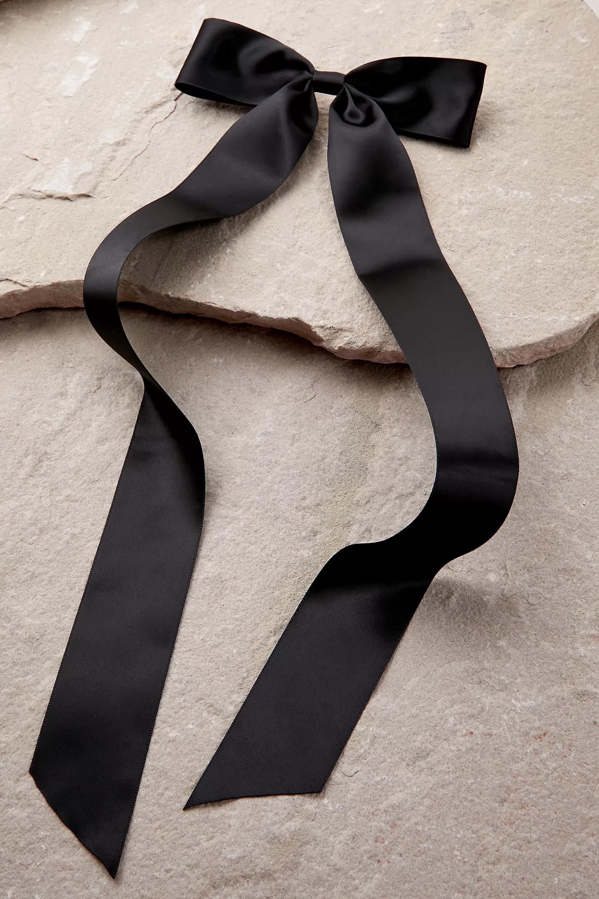Black Long Satin Bow Hair Clip, BLK, large image number 0