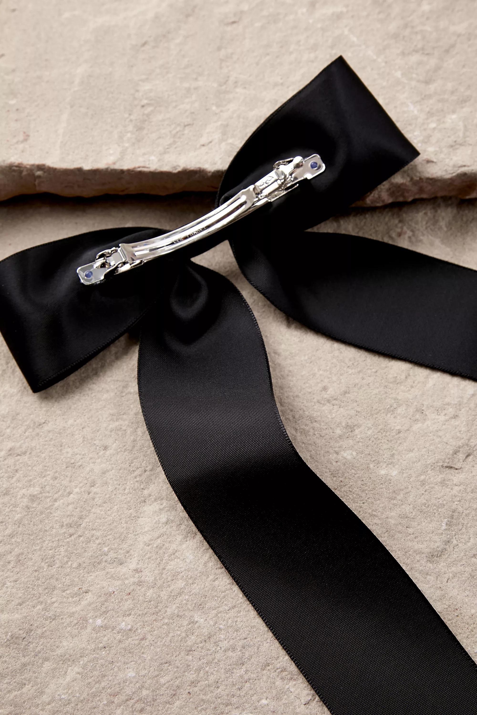 Black Long Satin Bow Hair Clip, BLK, large image number 3