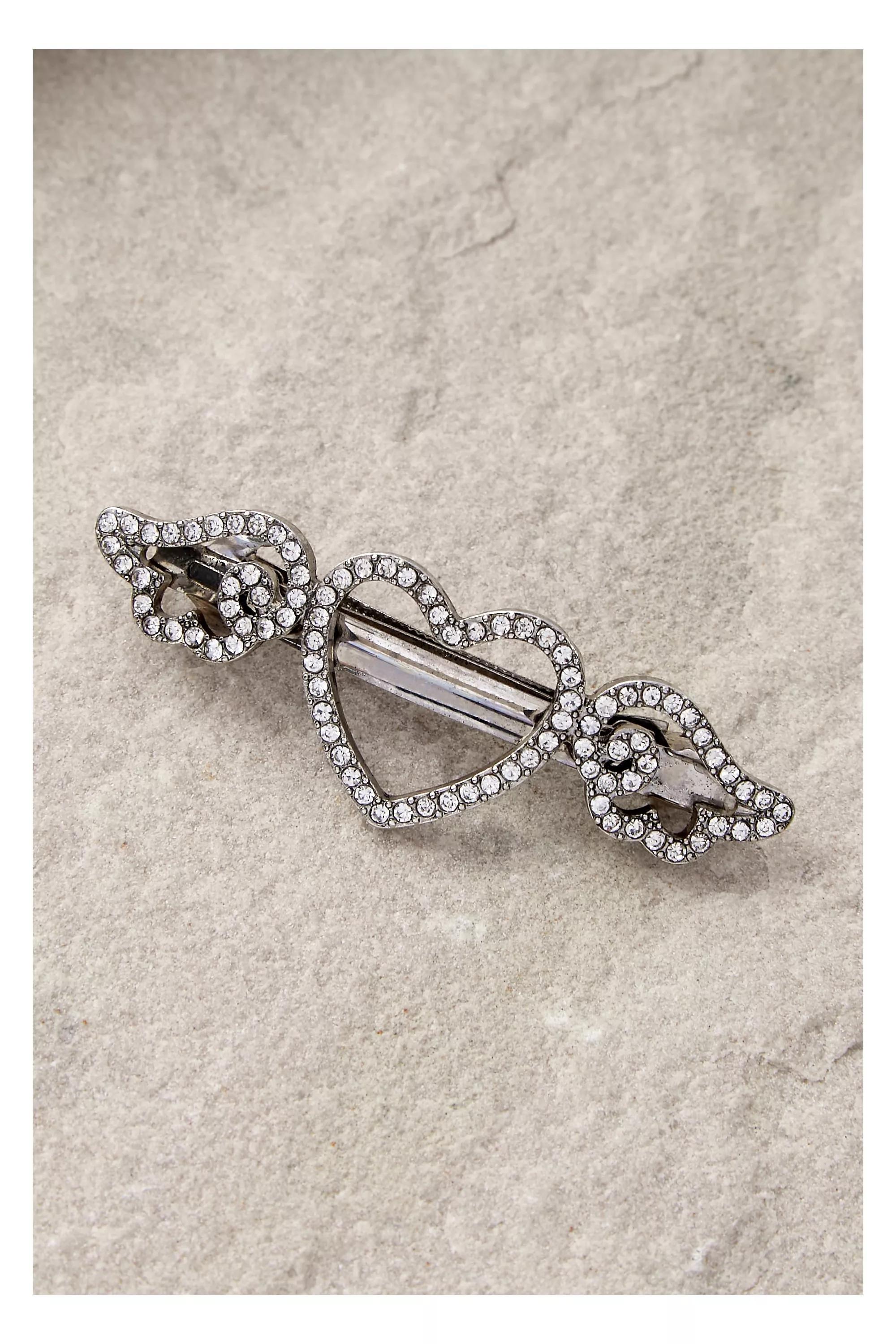 Silver Uo Heart Diamante Barrette, SLVR, large image number 0