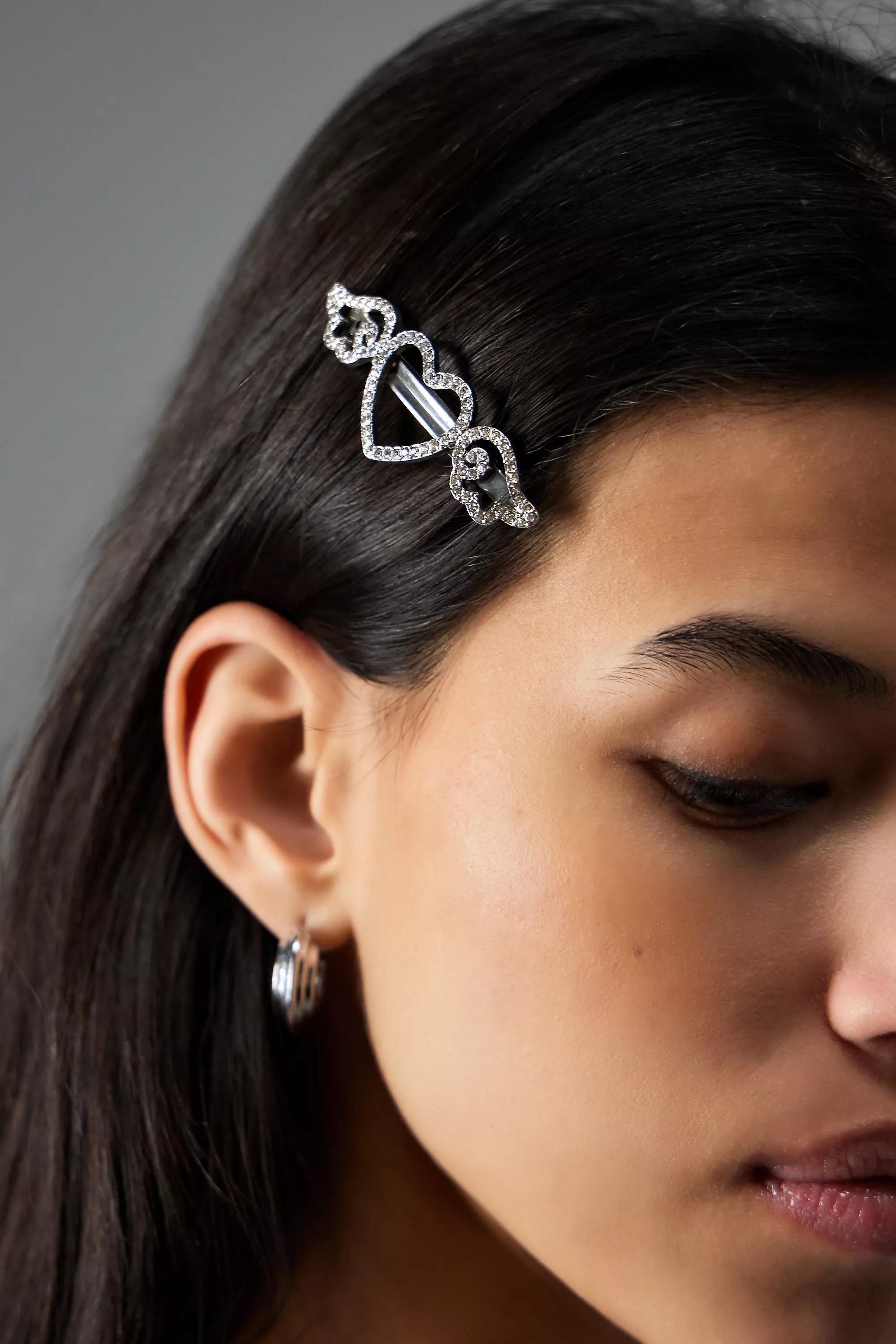 Silver Uo Heart Diamante Barrette, SLVR, large image number 1