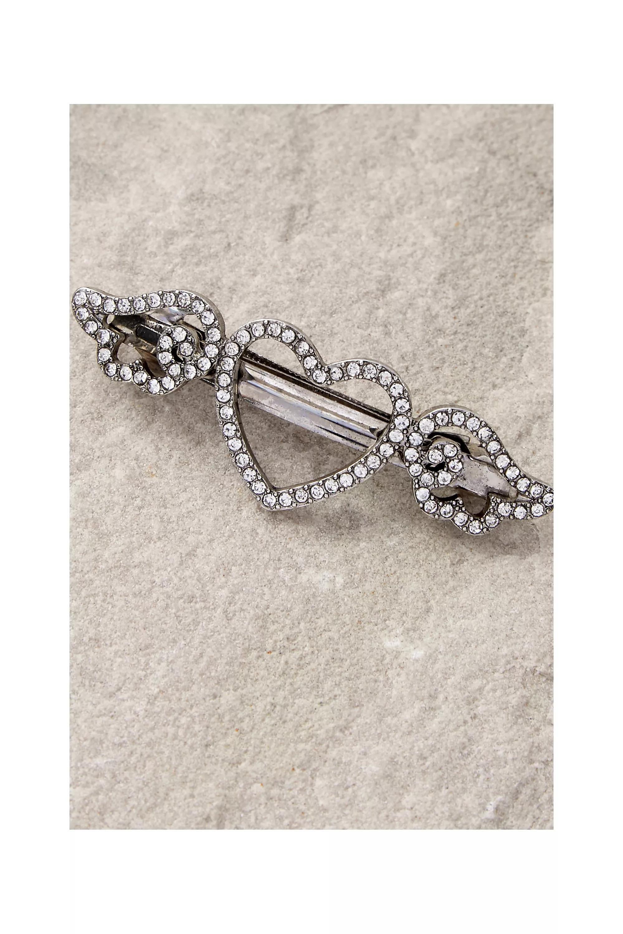 Silver Uo Heart Diamante Barrette, SLVR, large image number 2