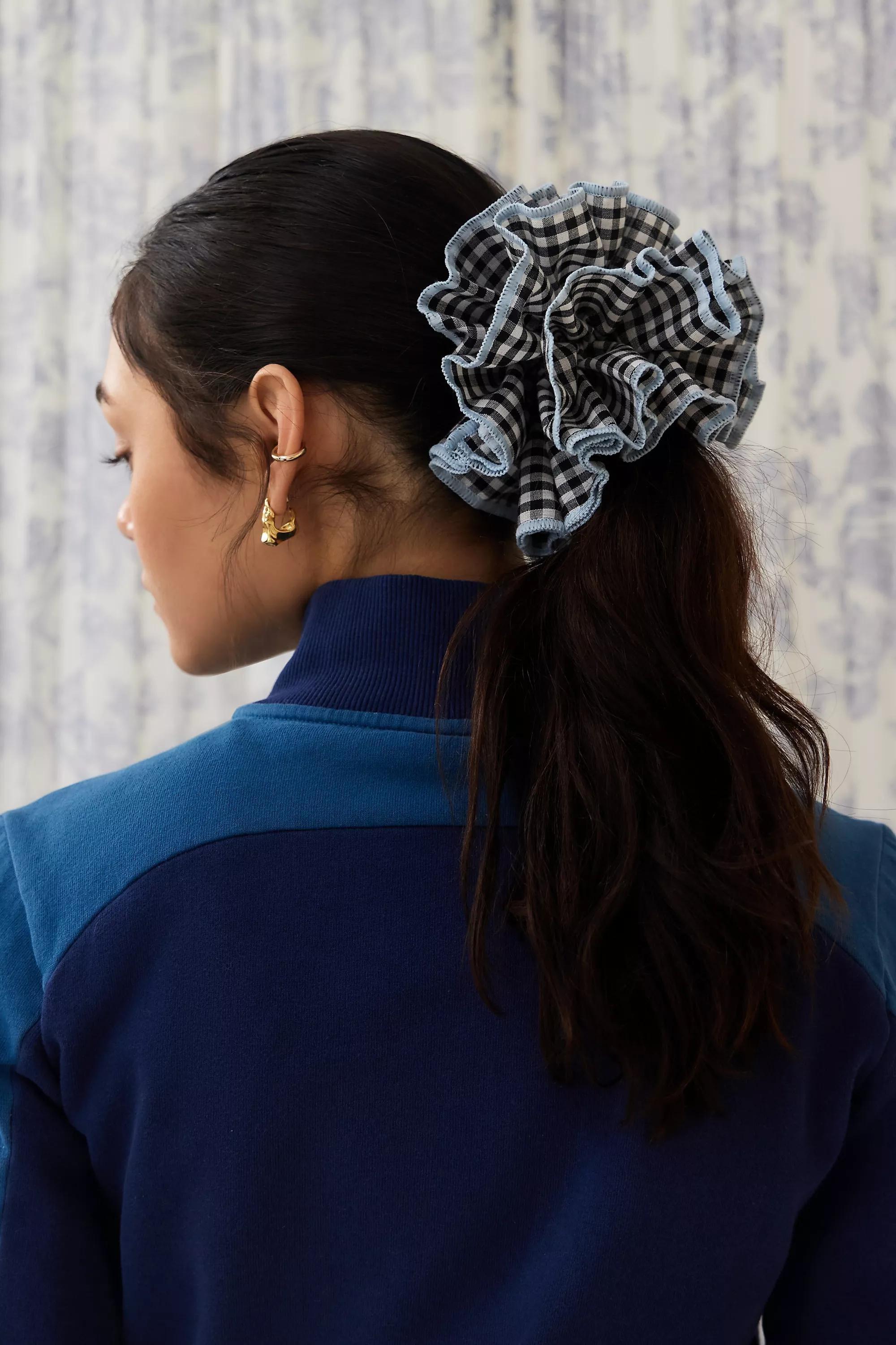 Black Oversized Gingham Scrunchie, BLK, large image number 1