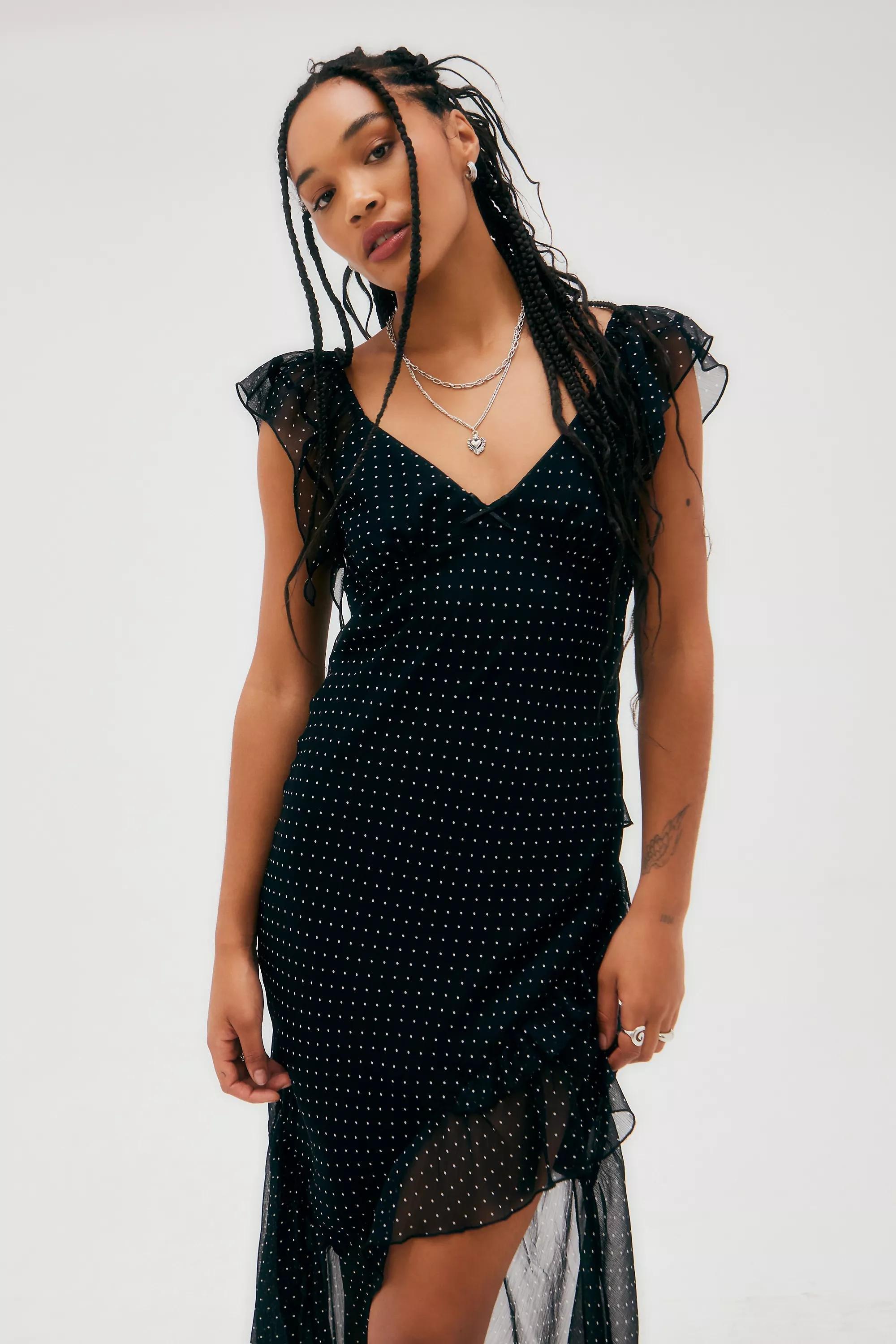 Black Polka Dot Asymmetric Midi Dress, , large image number 0