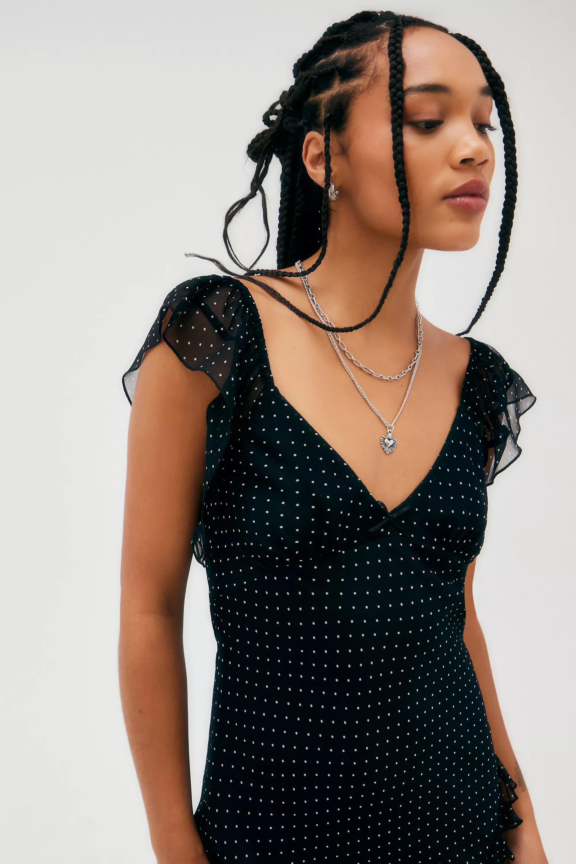 Black Polka Dot Asymmetric Midi Dress, , large image number 1