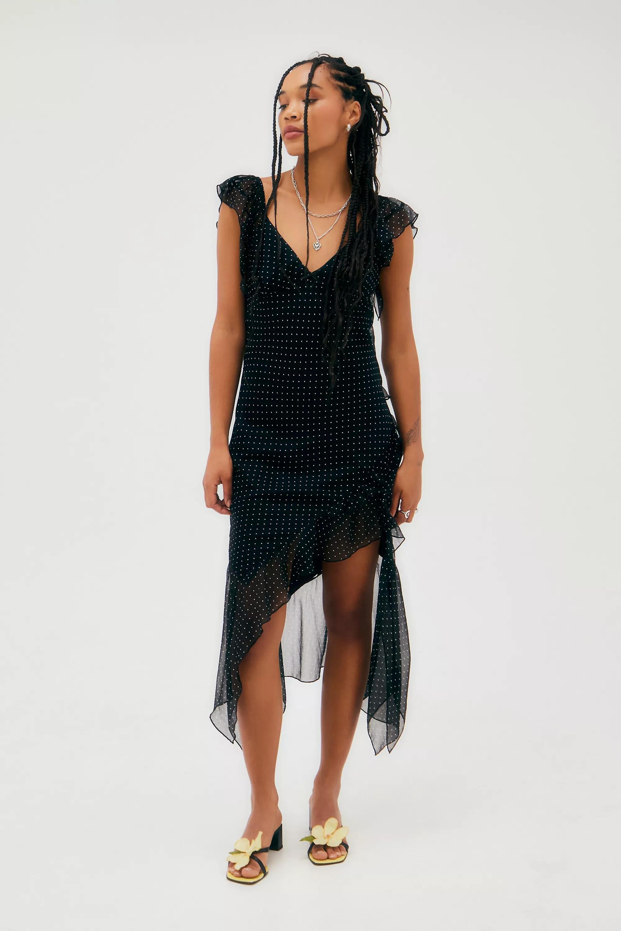 Black Polka Dot Asymmetric Midi Dress, , large image number 2