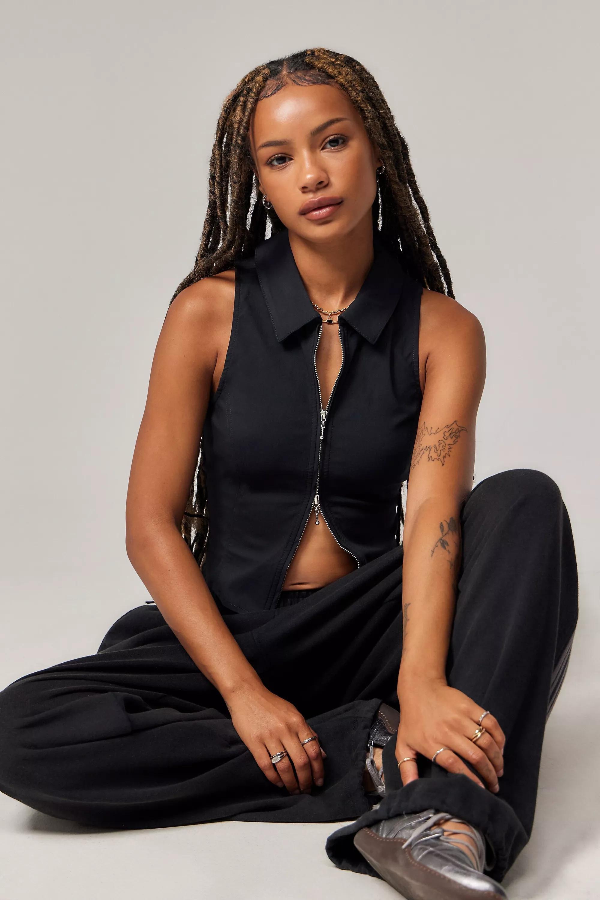 Black Zip-Through Tank Top, , large image number 2