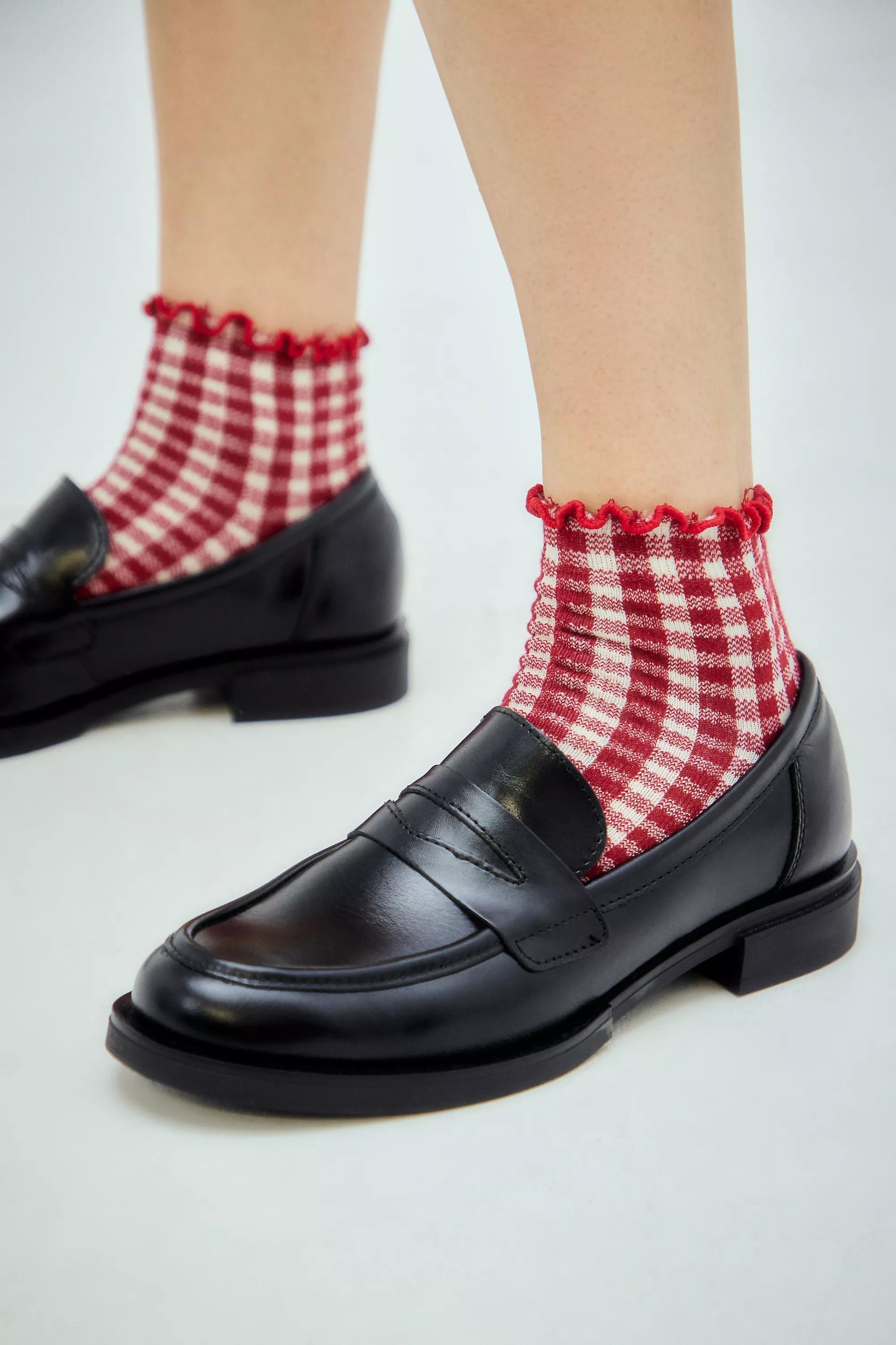 Red Ofu Gingham Lettuce Edge Socks, RED, large image number 0
