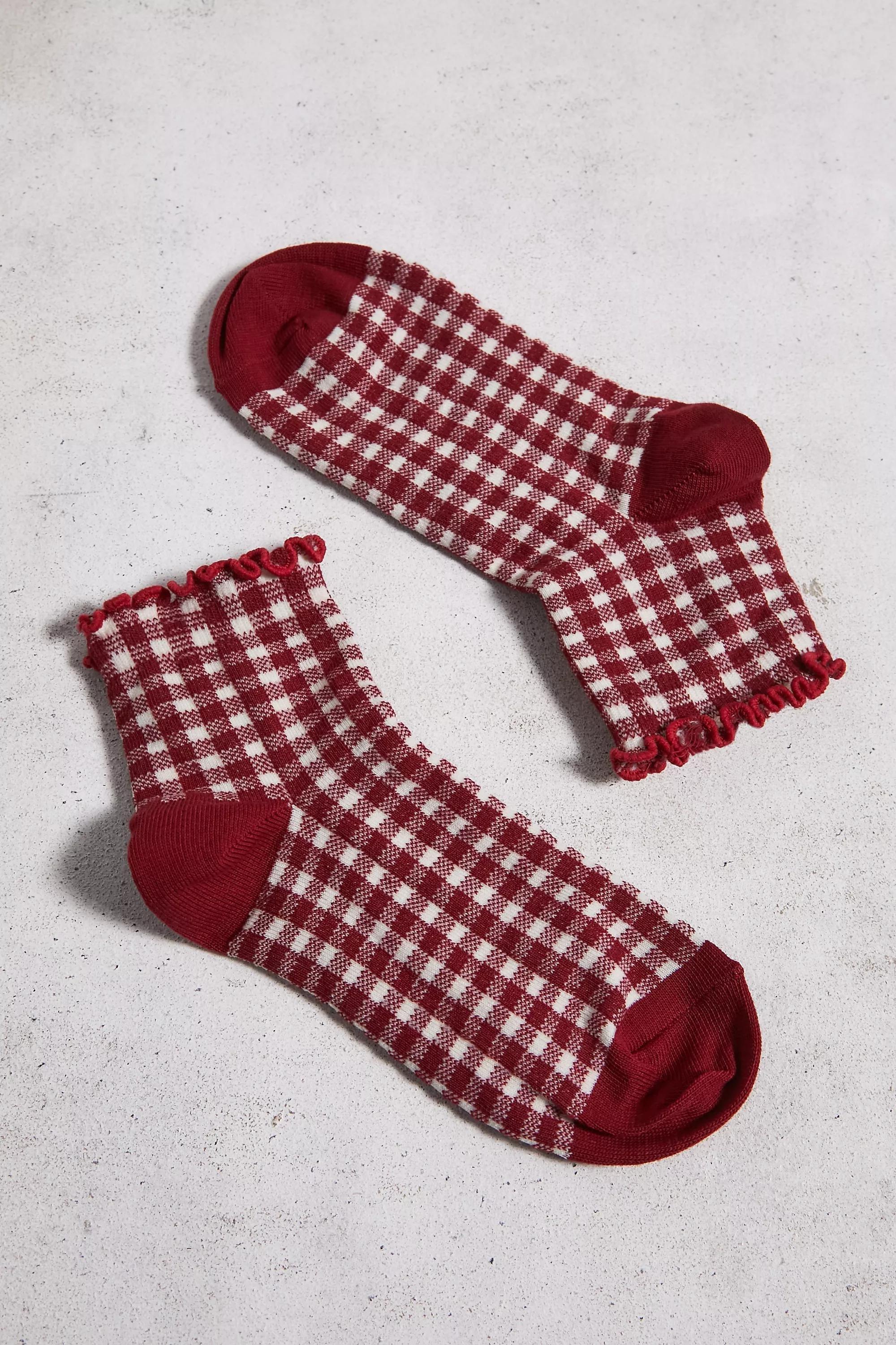Red Ofu Gingham Lettuce Edge Socks, RED, large image number 1