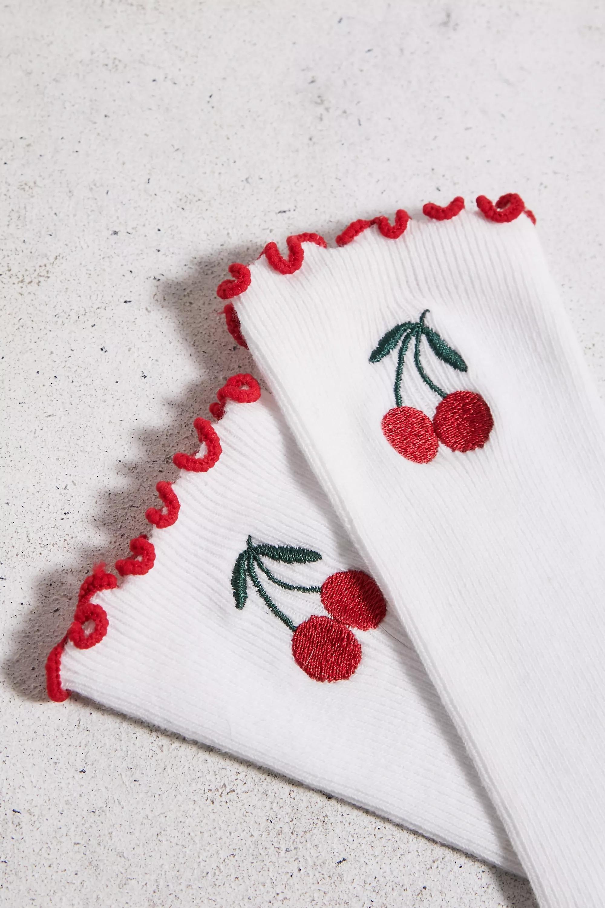 White Embroidered Lettuce-Edge Socks, WHT, large image number 0