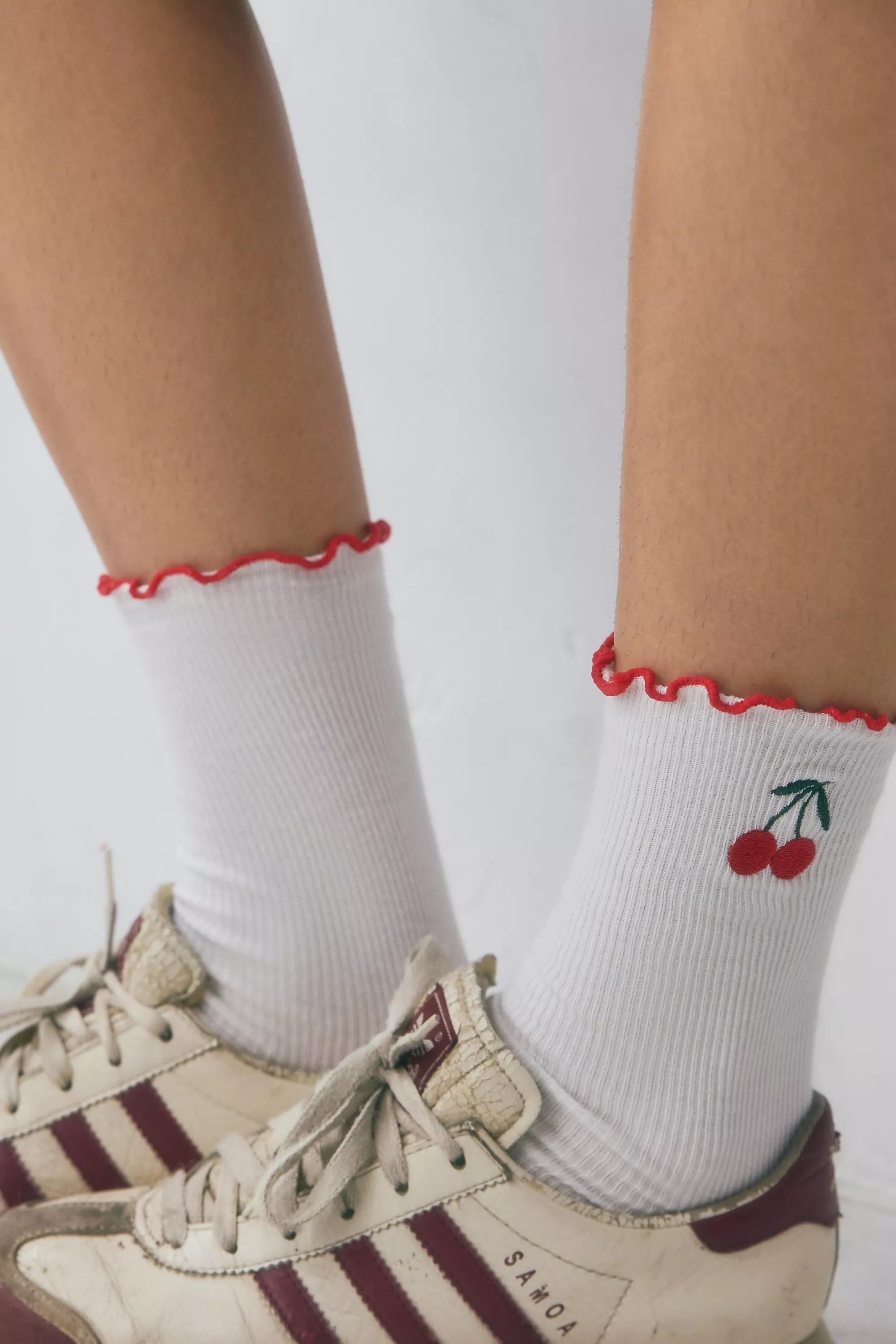 White Embroidered Lettuce-Edge Socks, WHT, large image number 1