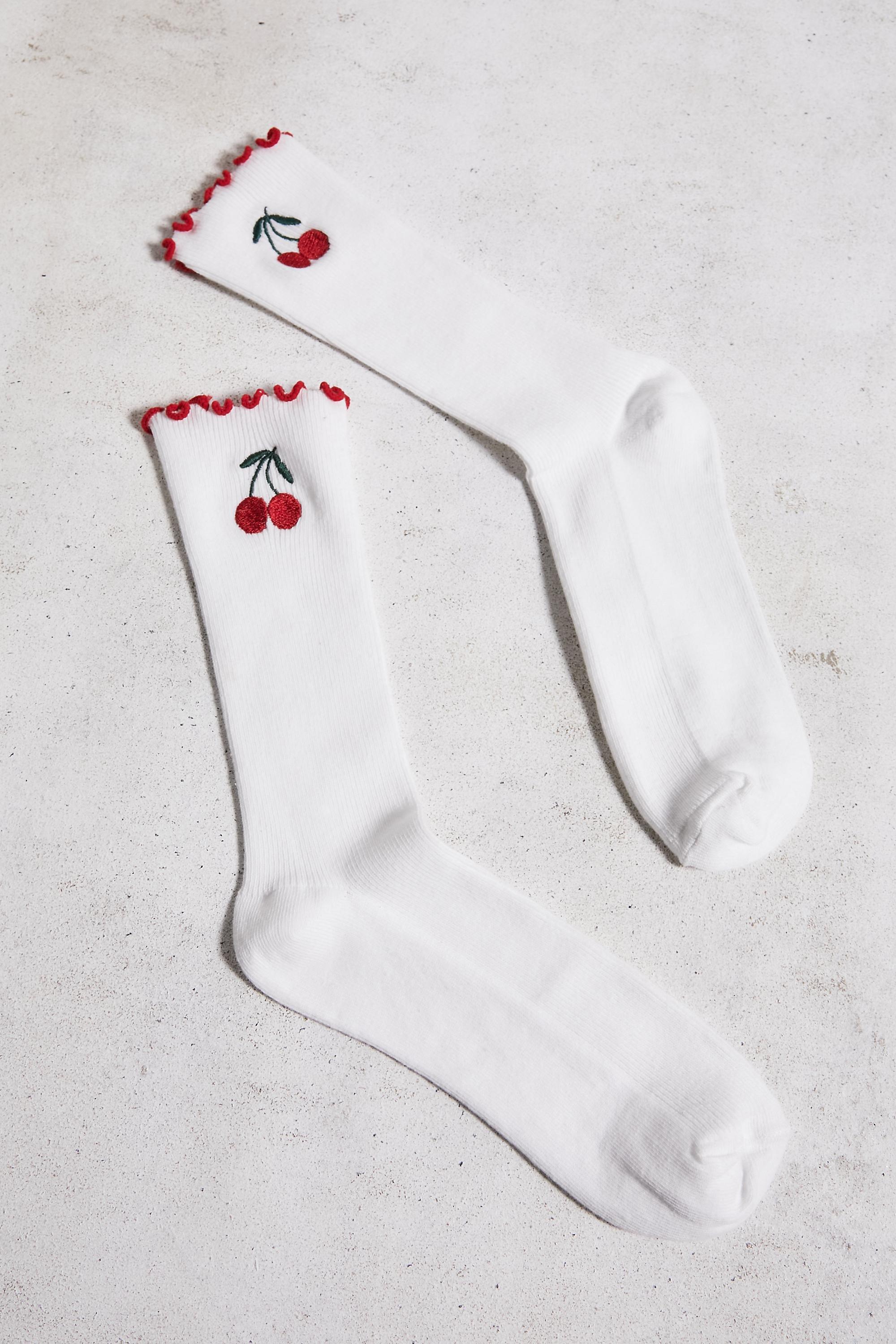 White Embroidered Lettuce-Edge Socks, WHT, large image number 2