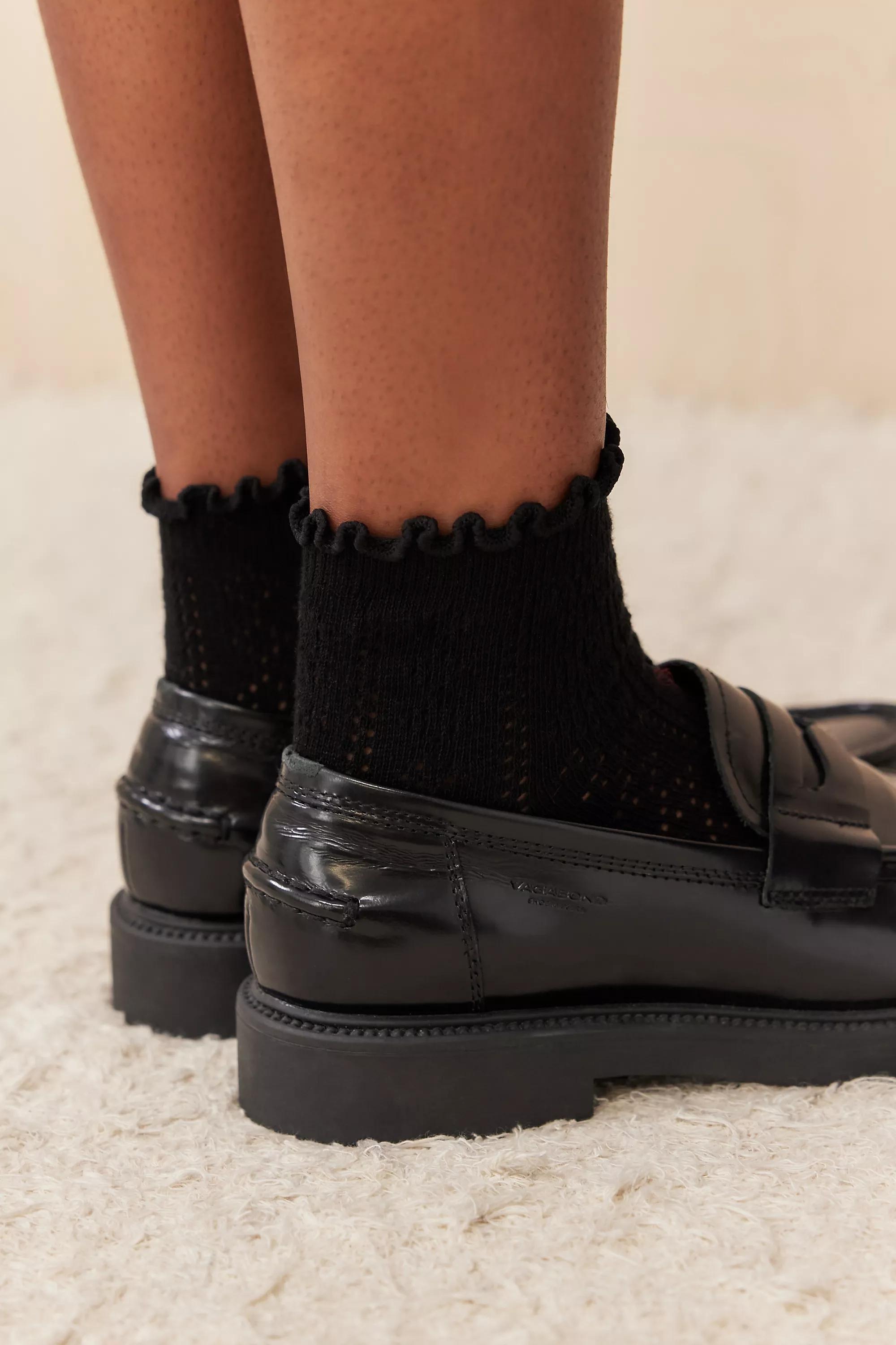 Black Out From Under Pointelle Lettuce-Edge Ankle Socks, BLK, large image number 1