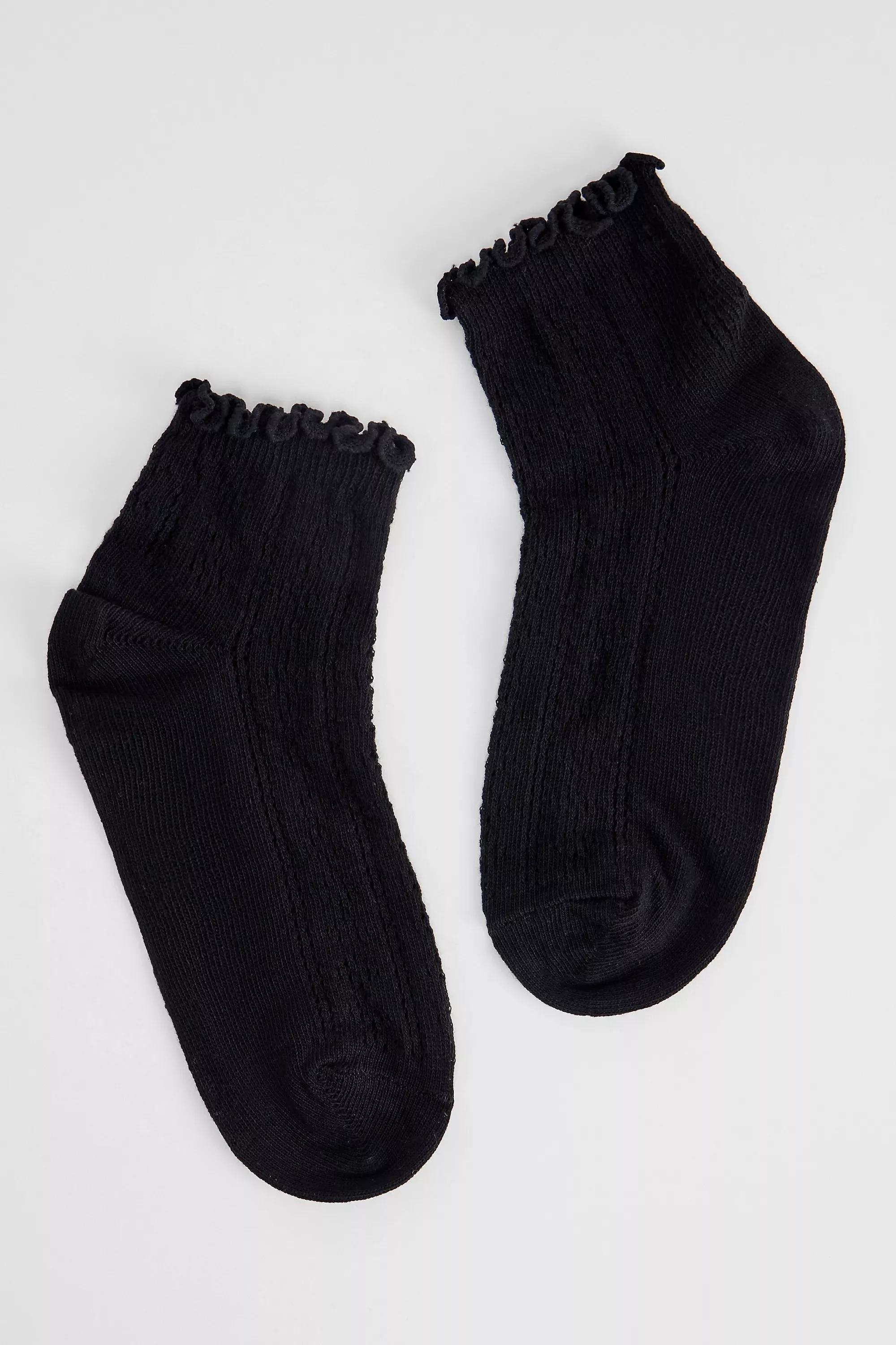 Black Out From Under Pointelle Lettuce-Edge Ankle Socks, BLK, large image number 1