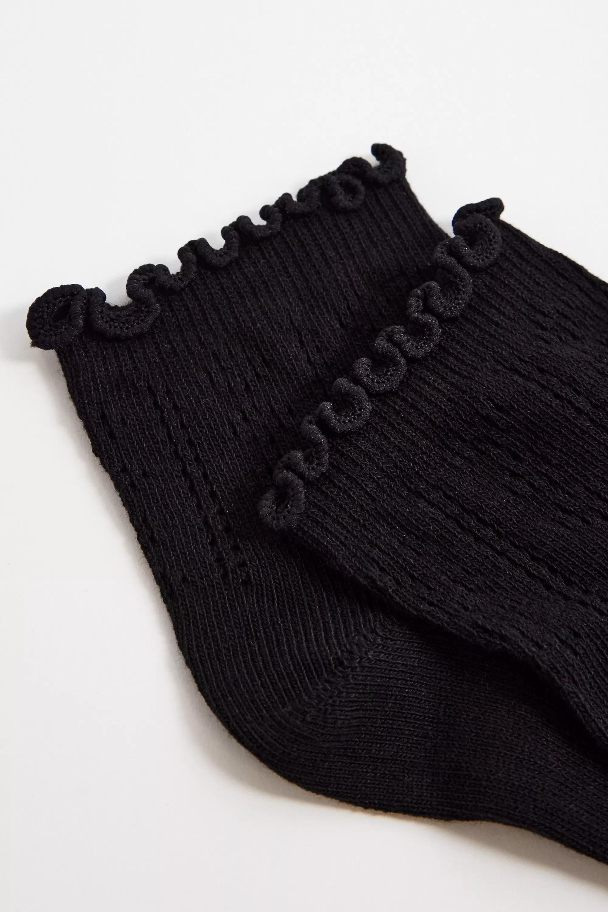 Black Out From Under Pointelle Lettuce-Edge Ankle Socks, BLK, large image number 3