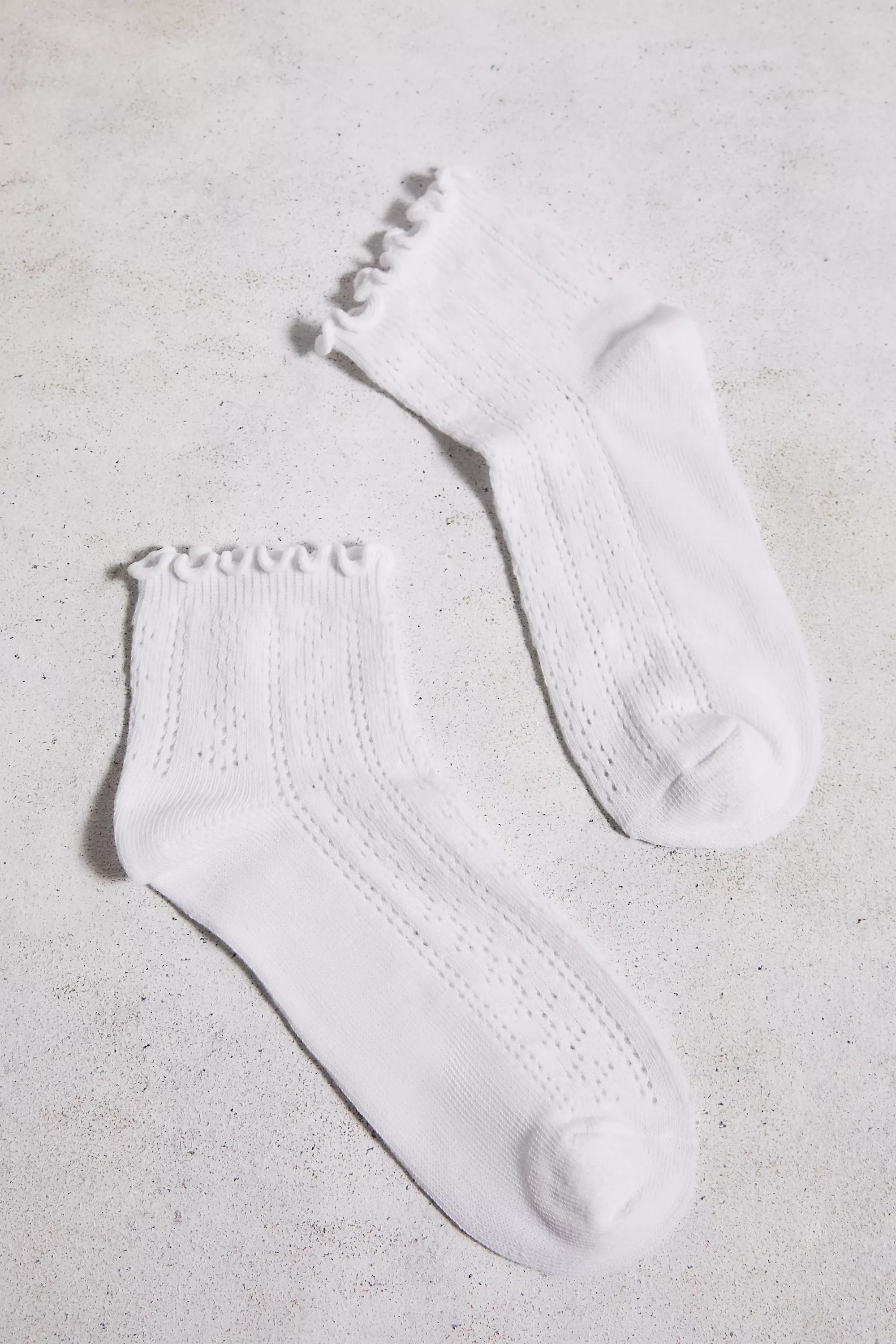 White Out From Under Pointelle Lettuce-Edge Ankle Socks, WHT, large image number 1