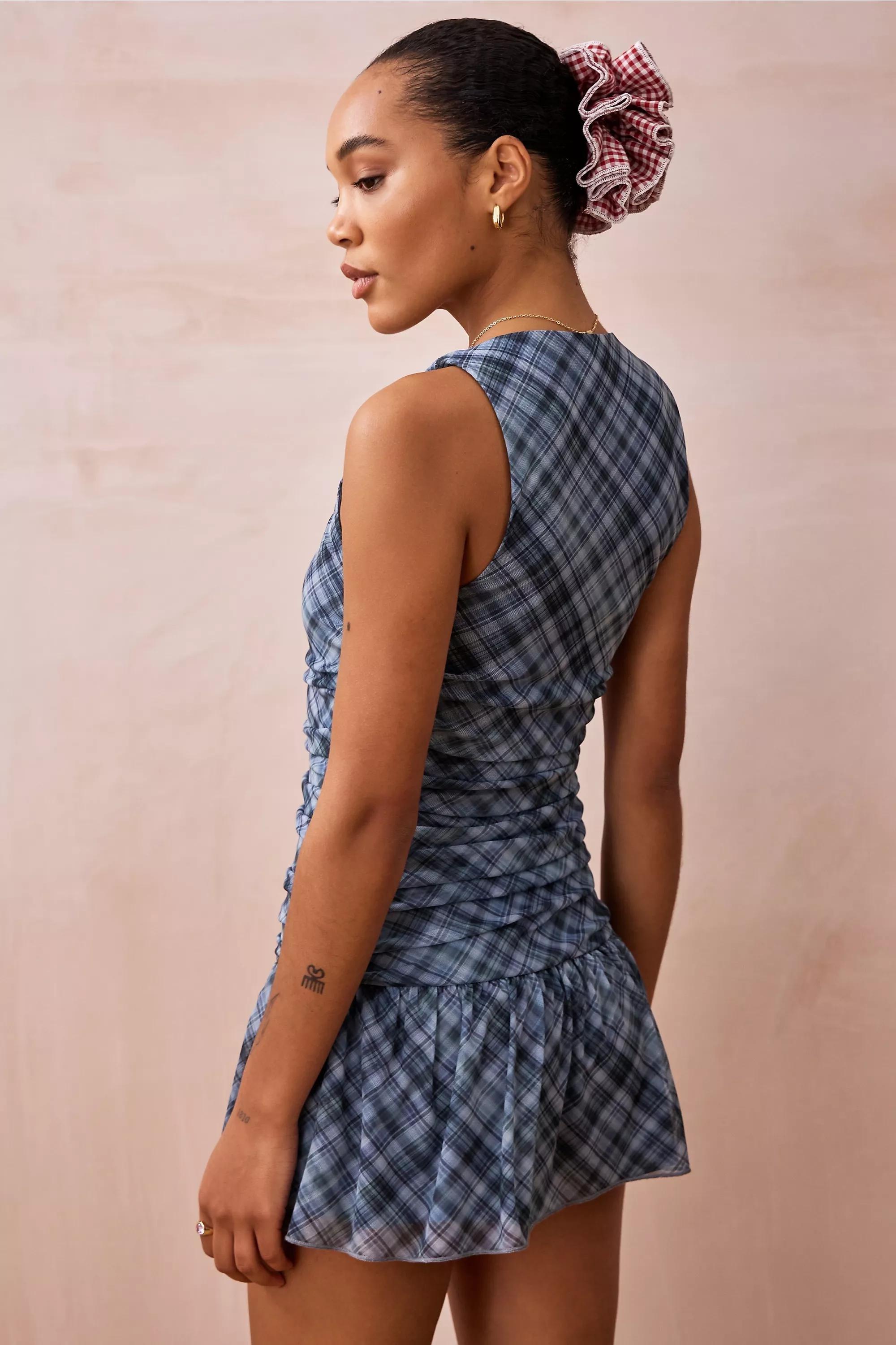 Urban Outfitters - Blue Uo Sabrina Check Mesh Playsuit