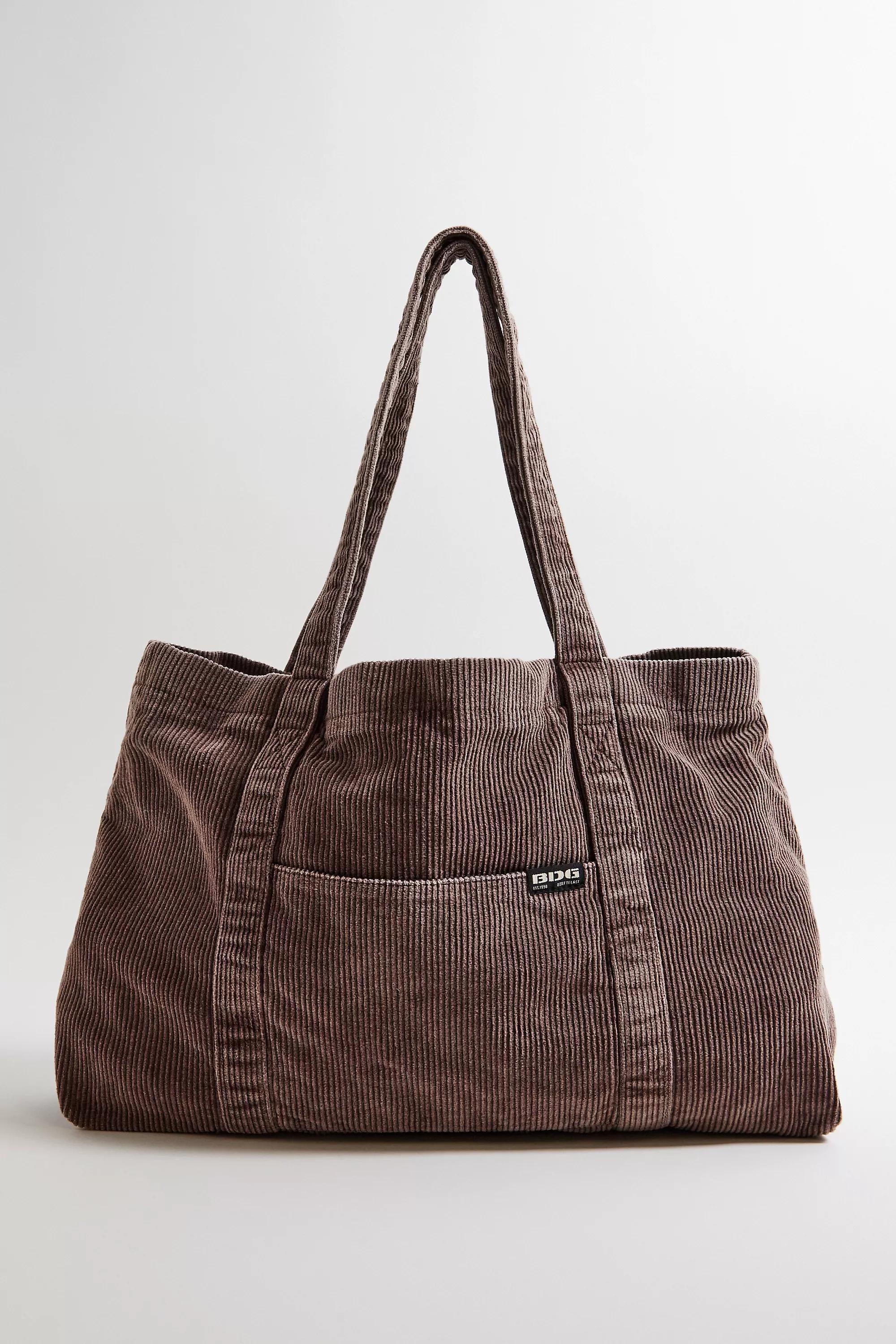 Brown Bdg Tab Corduroy Tote Bag, BRN, large image number 1