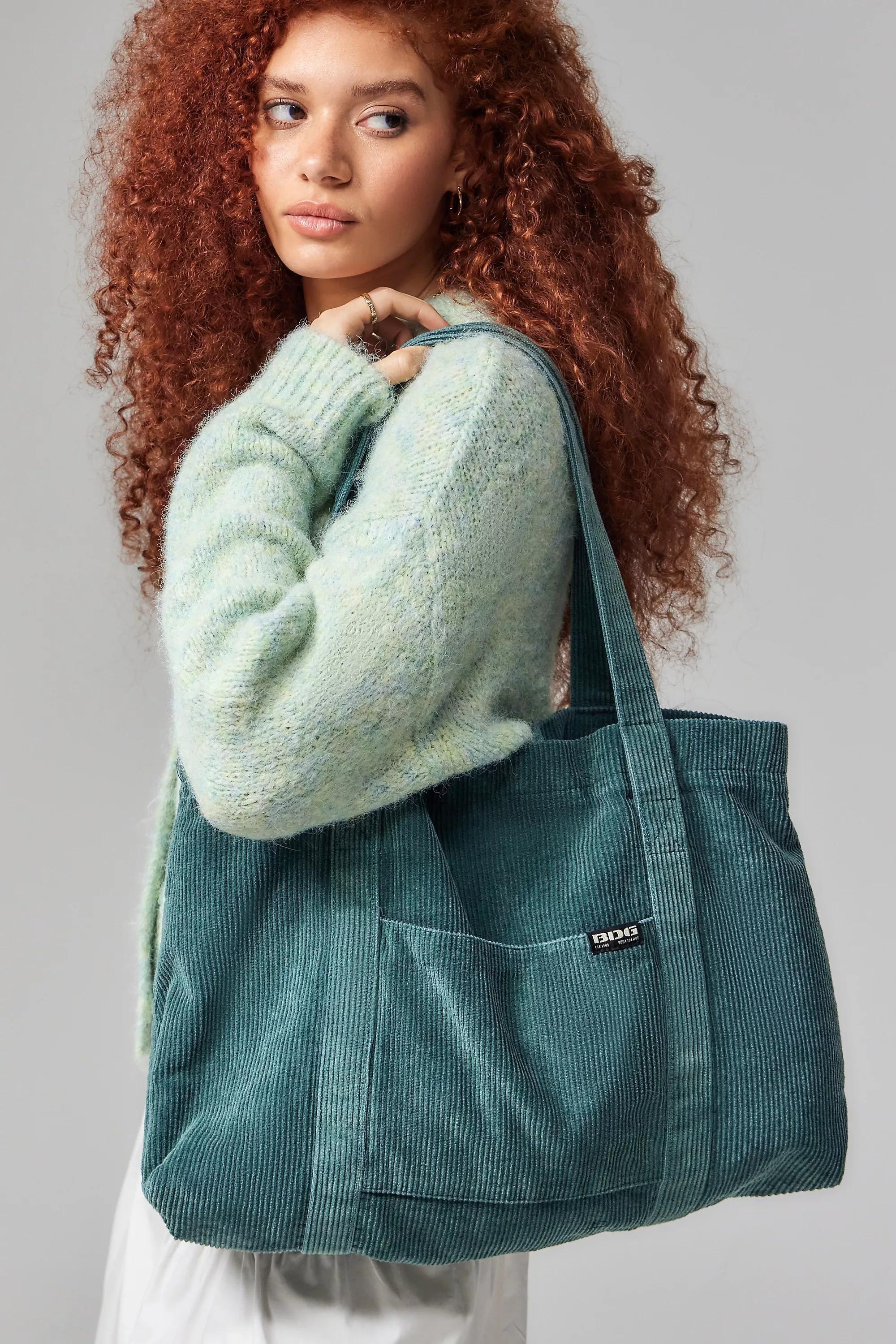 Green Holly Bdg Tab Corduroy Tote Bag, HOLLY, large image number 0