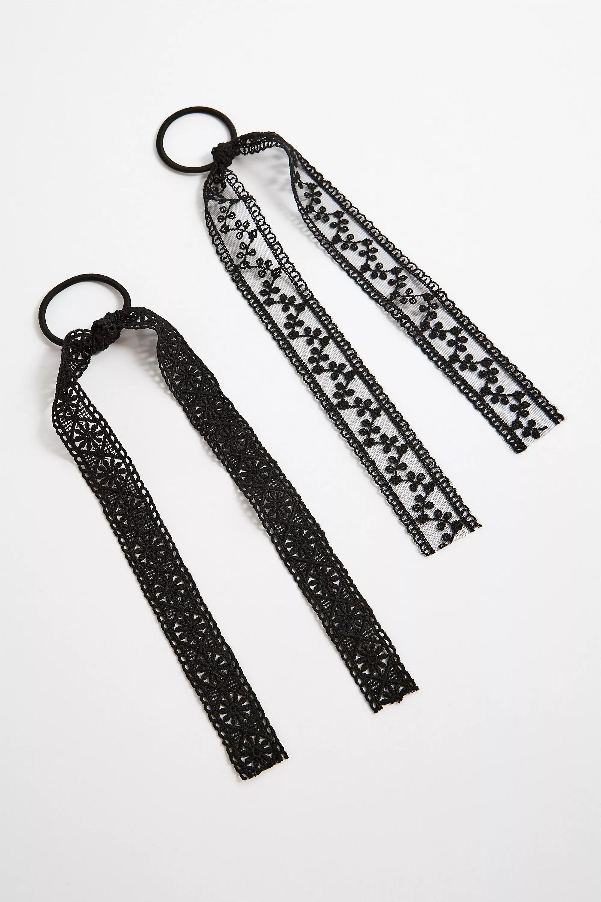 Black Hanging Lace Hair Tie, Set Of 2, BLK, large image number 1