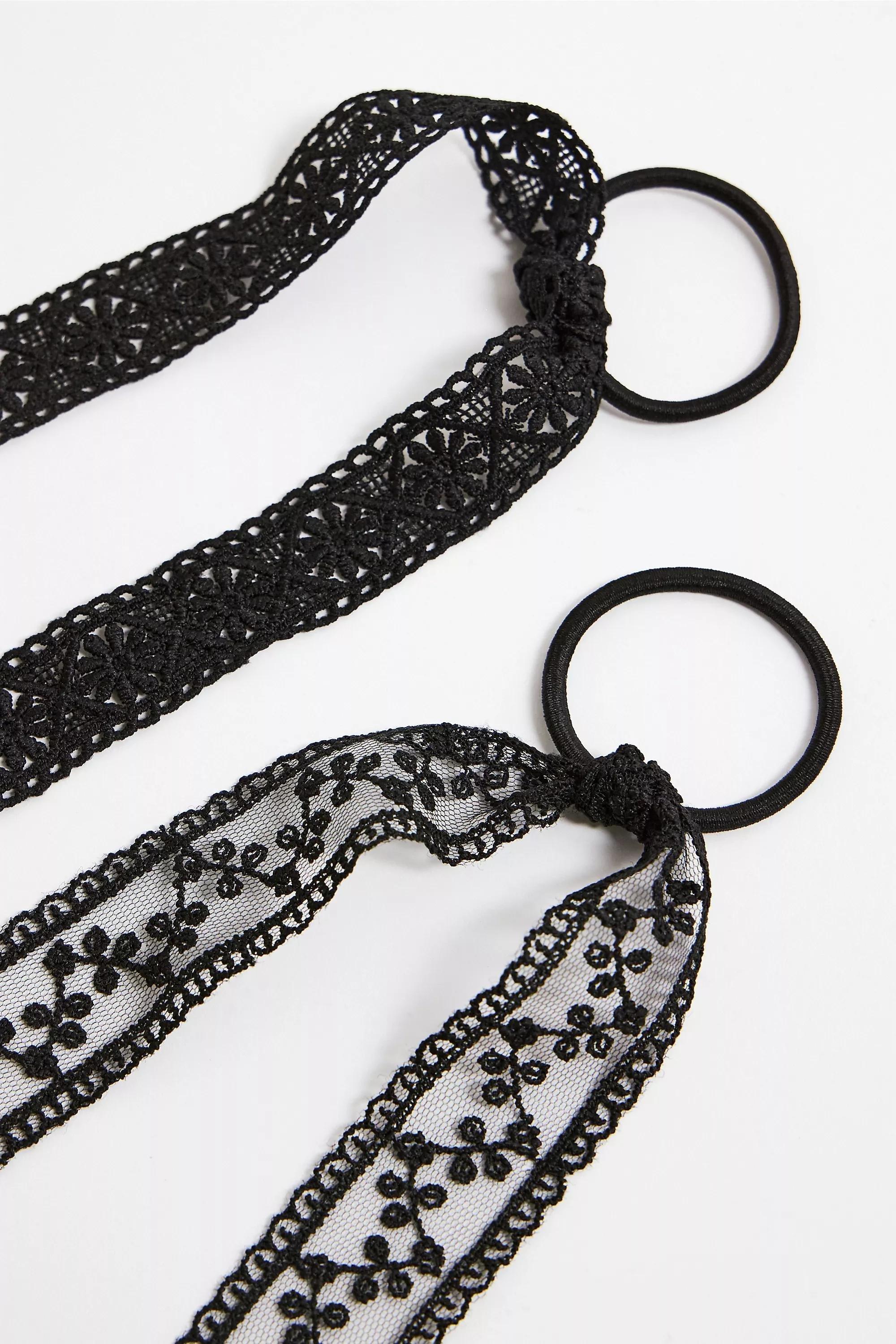 Black Hanging Lace Hair Tie, Set Of 2, BLK, large image number 2