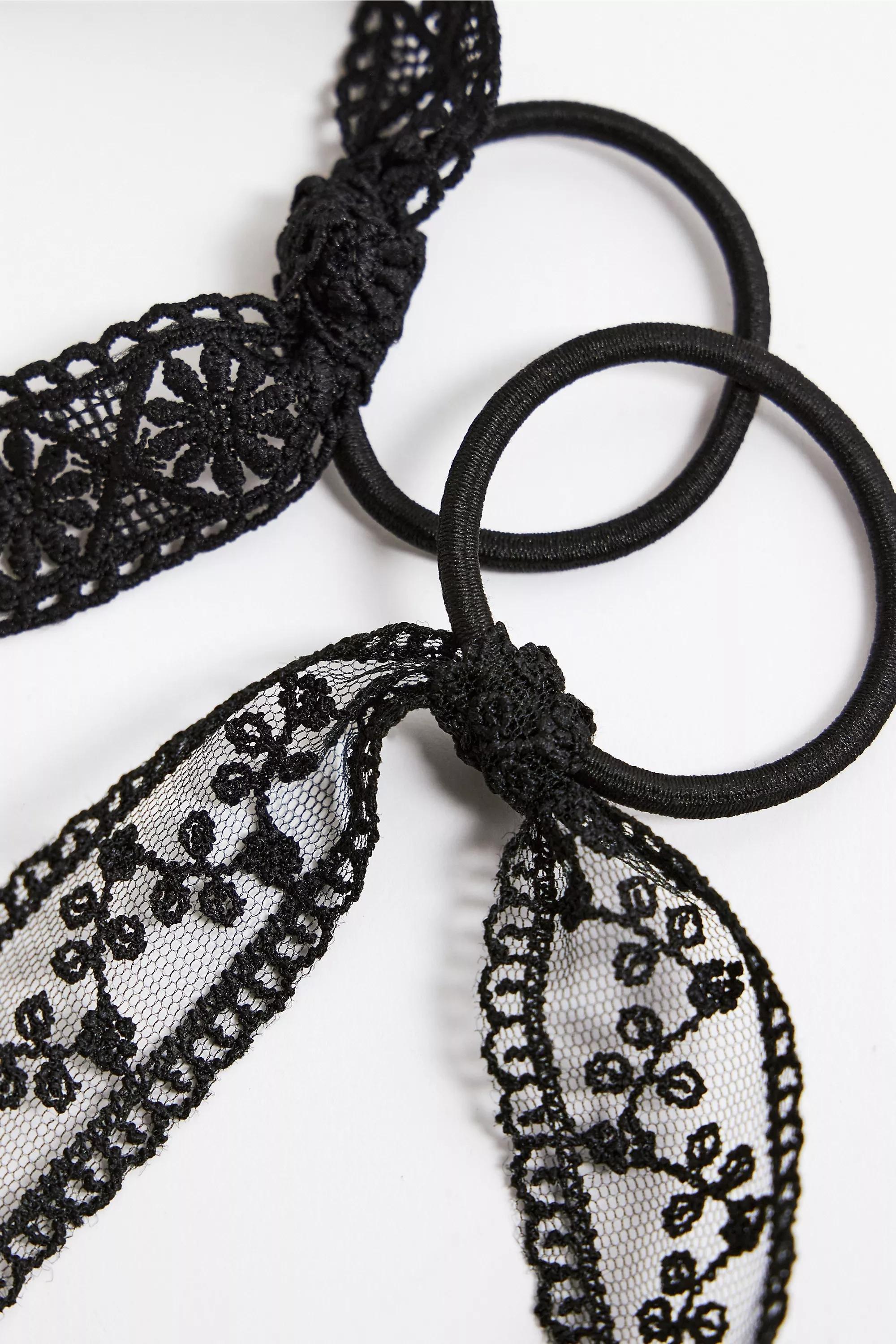 Black Hanging Lace Hair Tie, Set Of 2, BLK, large image number 3