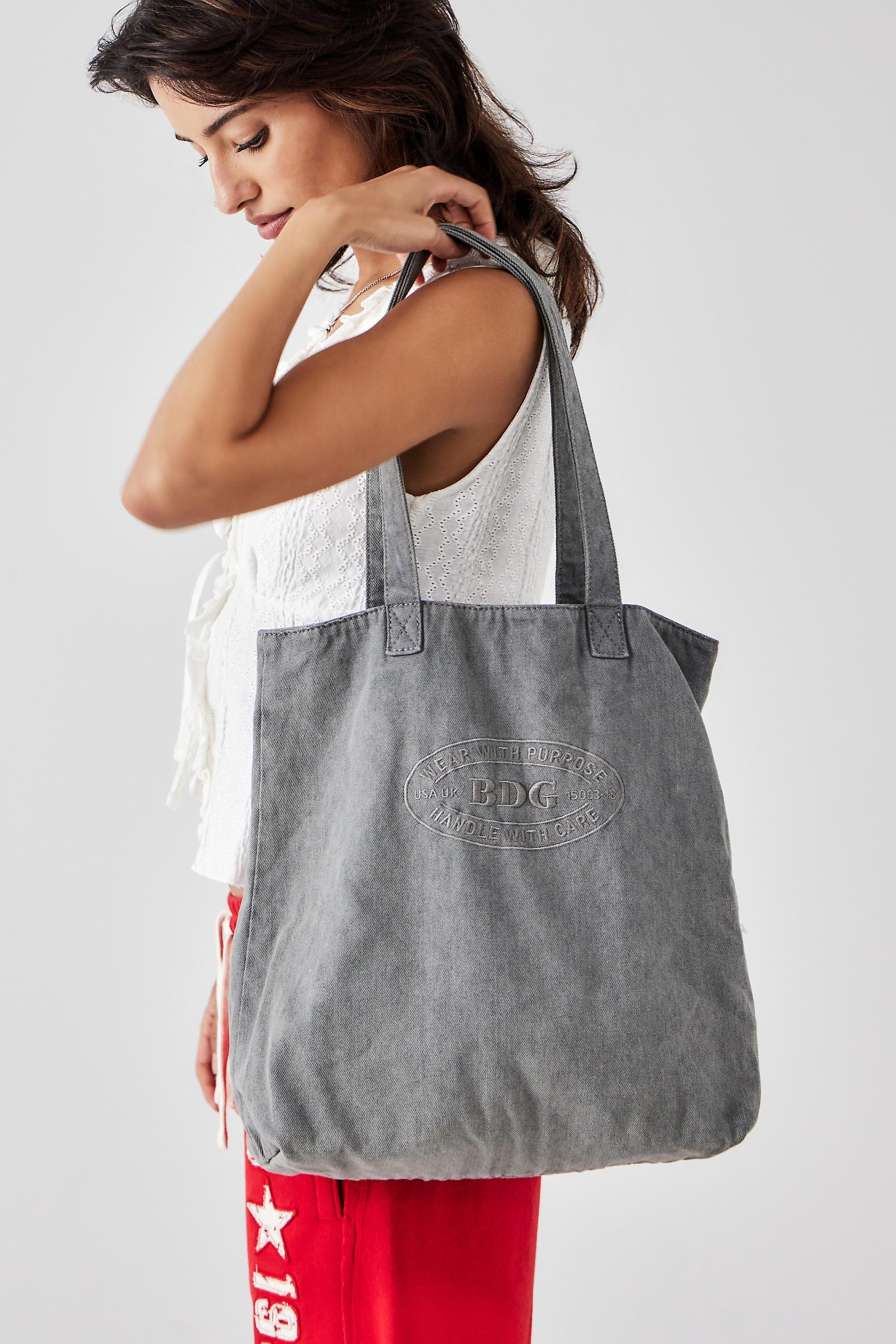 Grey Bdg Embroidered Denim Tote Bag, GREY, large image number 0