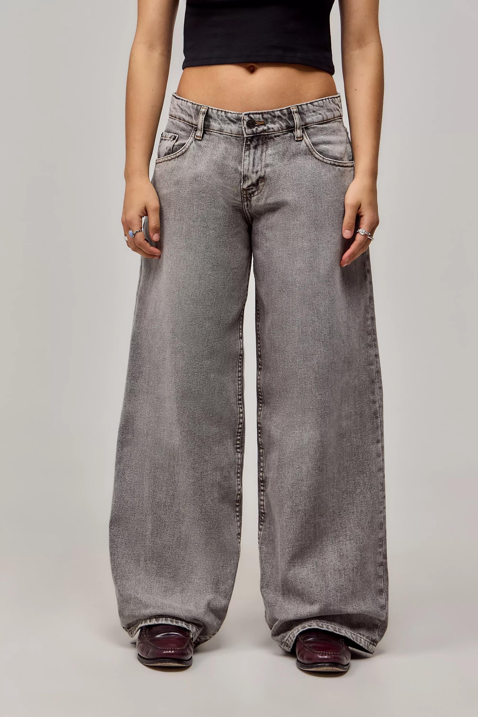 Grey Washed Denim Low Rise Jeans, , medium