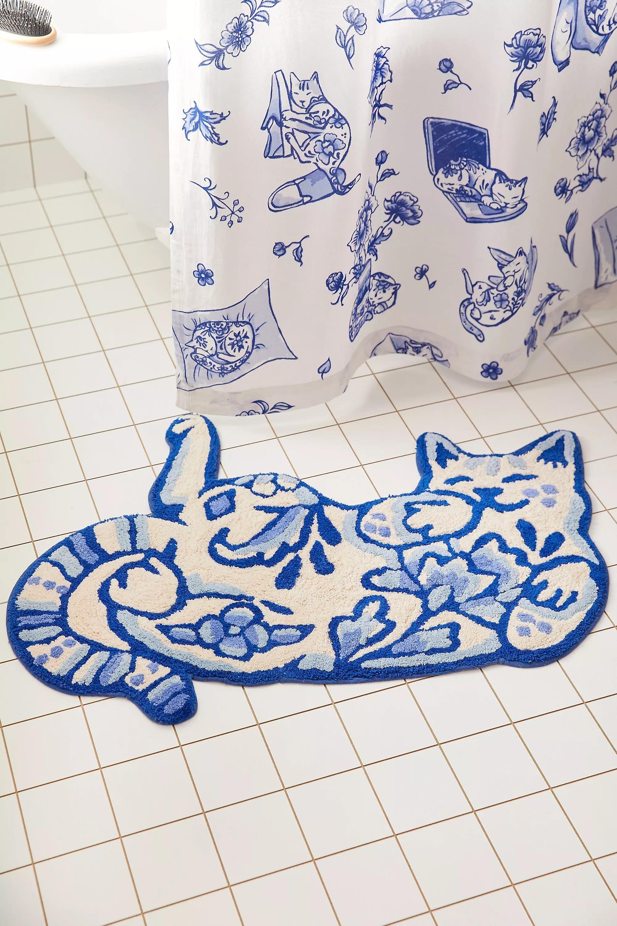 BLUE Delft Cat Bath Mat, BLUE, medium