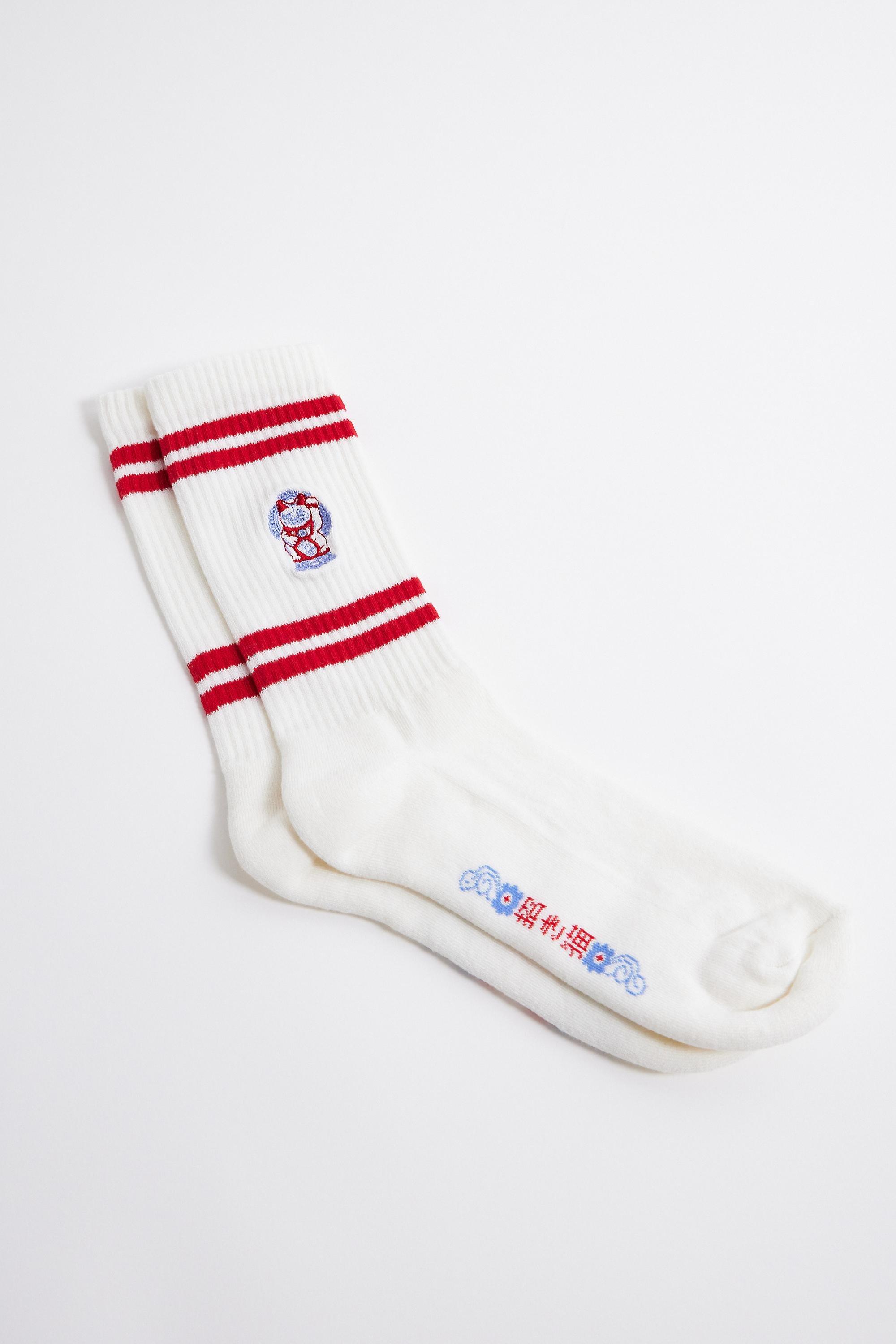 White Uo Lucky Cat Embroidered Socks, WHT, large image number 0