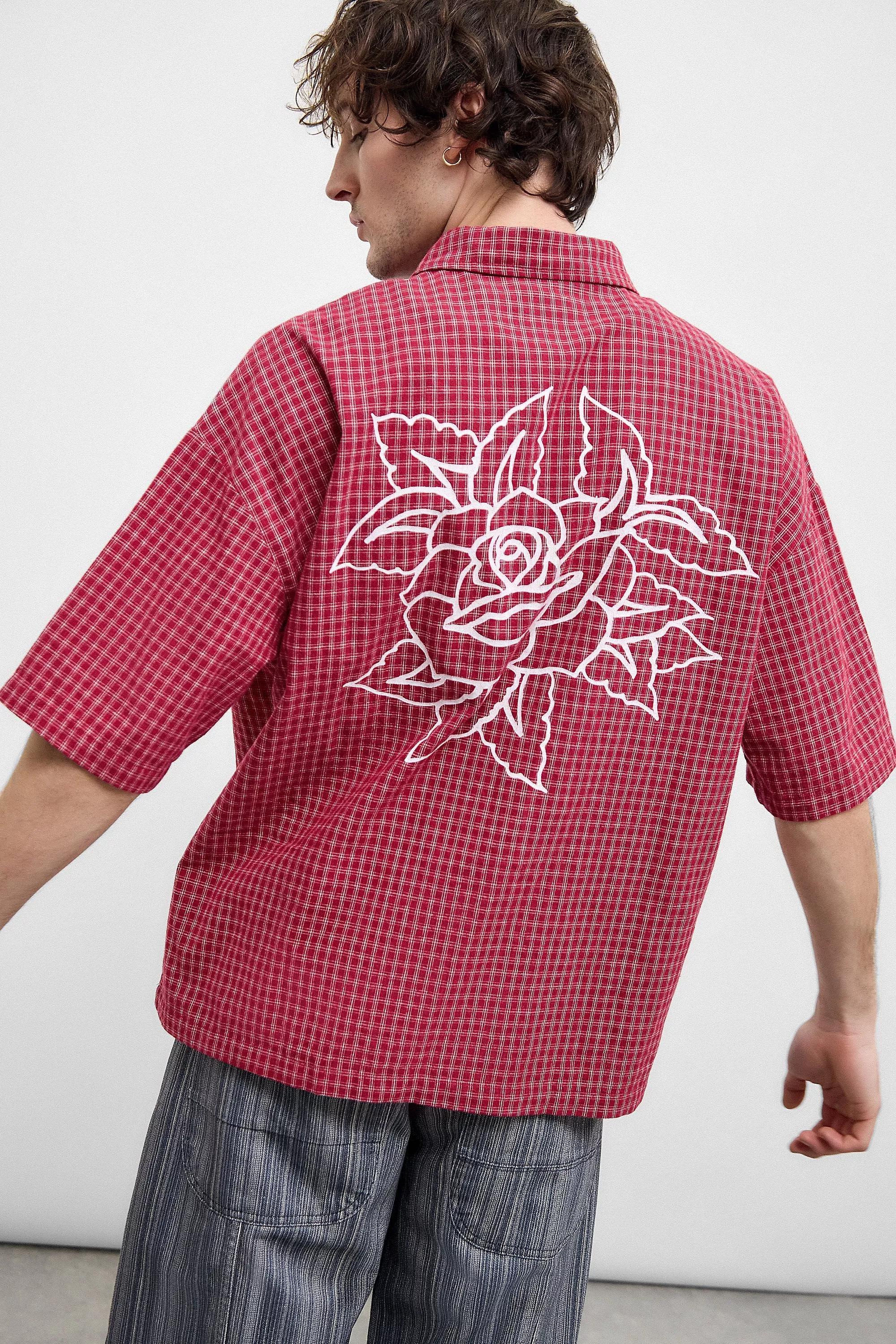 Ed Hardy UO Exclusive Red Check Rose Shirt, RED, medium
