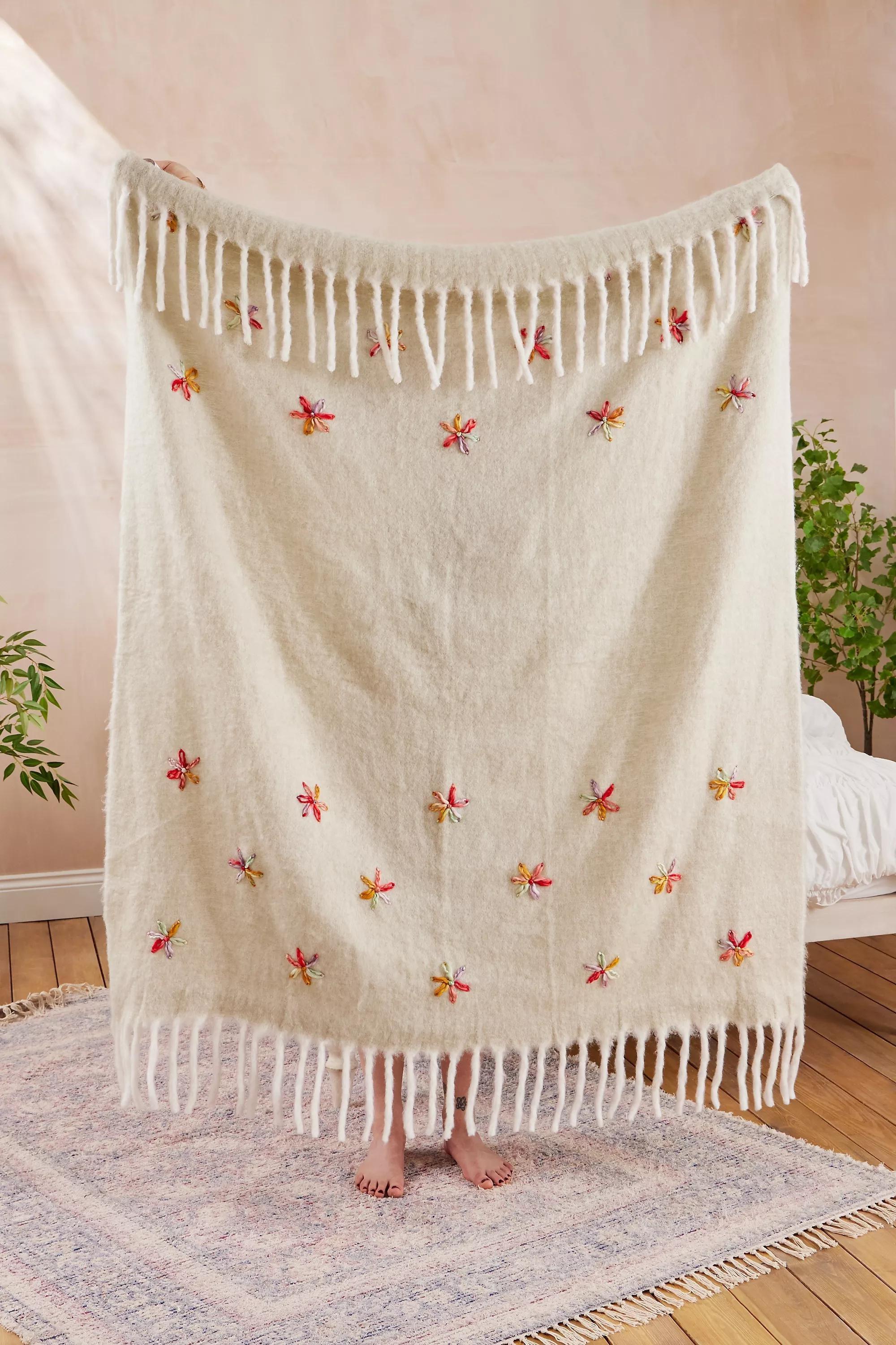 Beige Floral Embellished Cosy Blanket, NEUTR, large image number 0