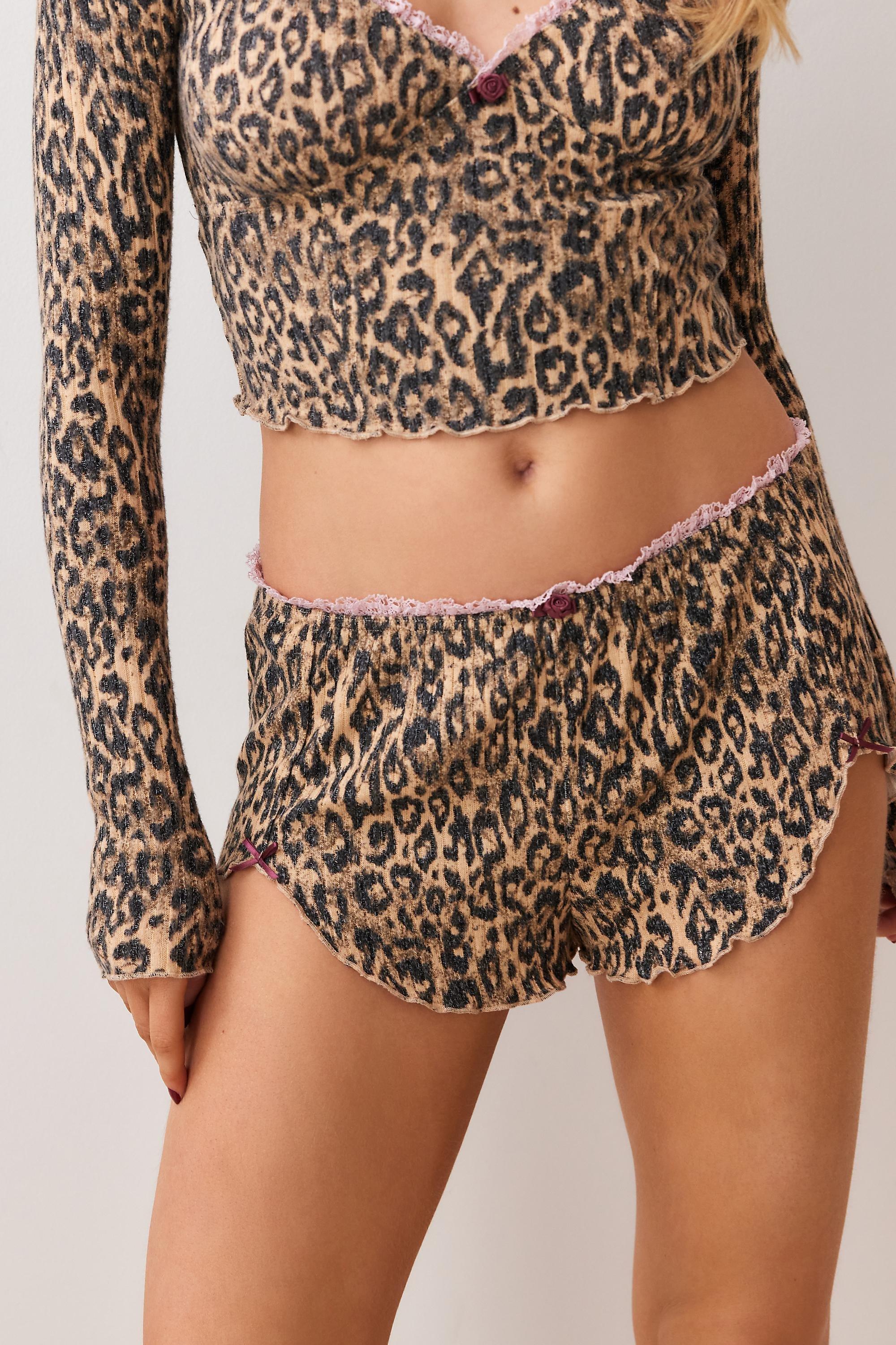 Multicolour Out From Under Leopard Print Ribbed Shorts, , large image number 1