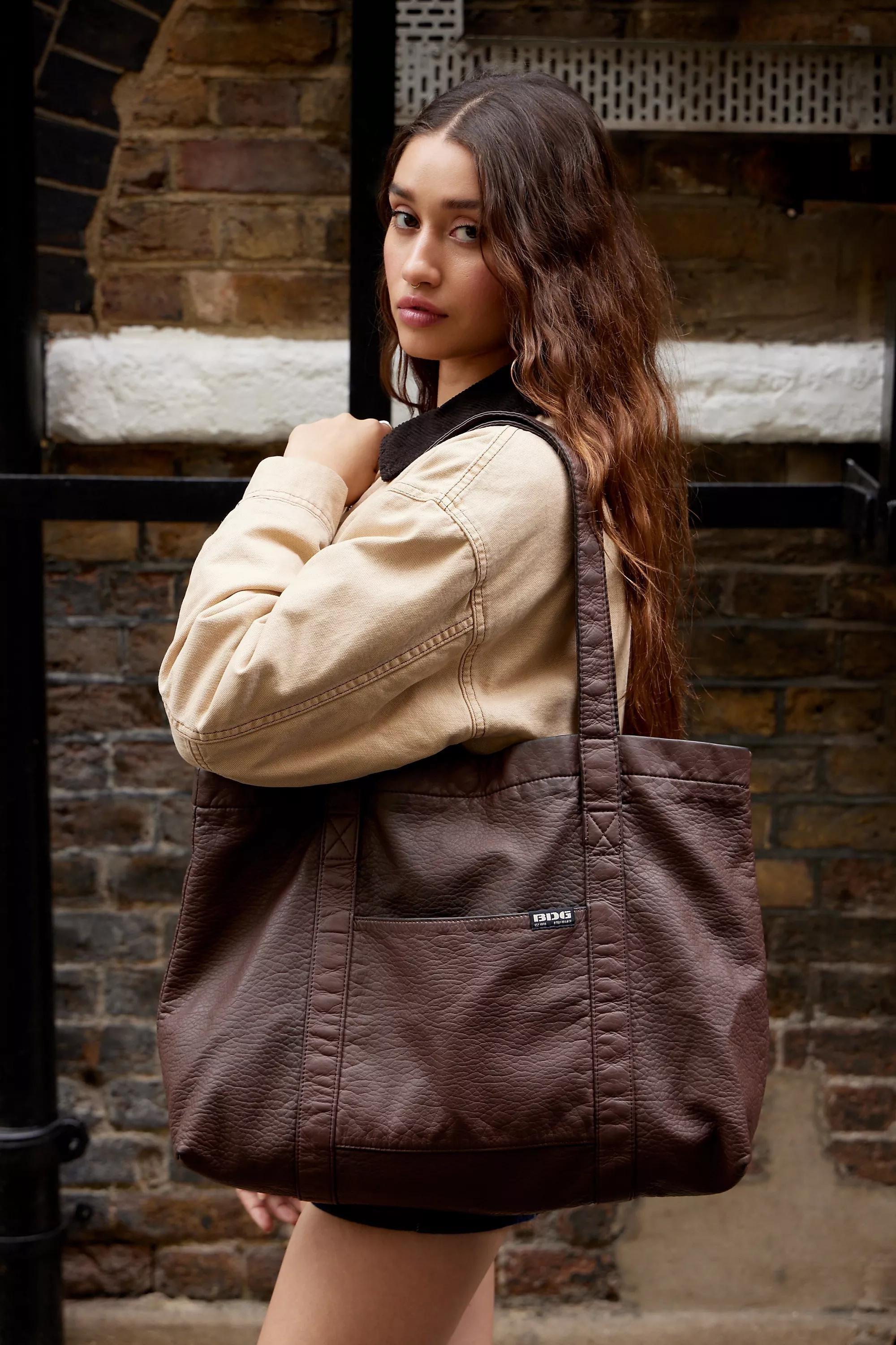 Brown Bdg Faux Leather Tote Bag, BRN, large image number 0